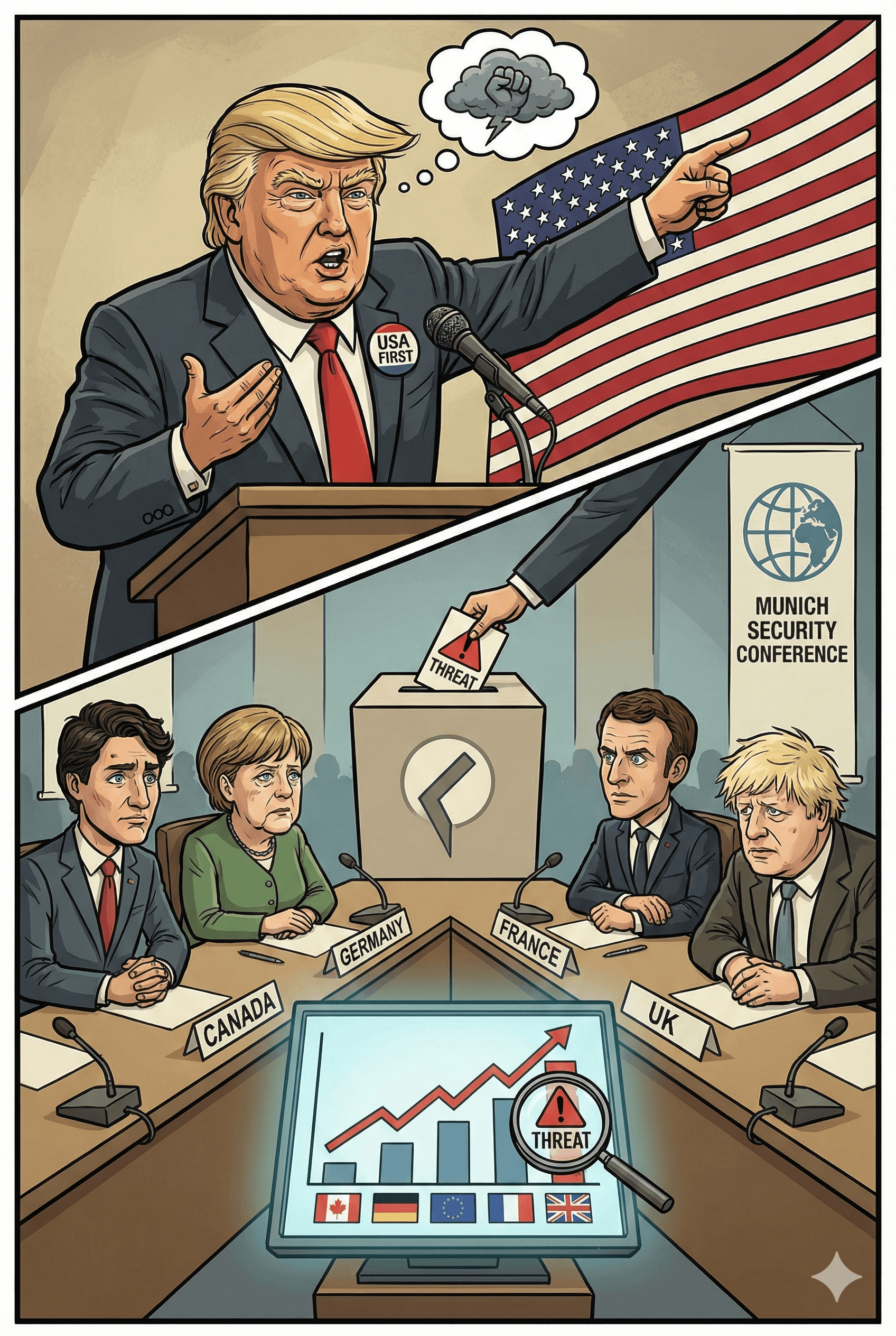 Political cartoon: Munich Security Report 2026: Polls Reveal Allies Now View Trump-Led US as Major Threat