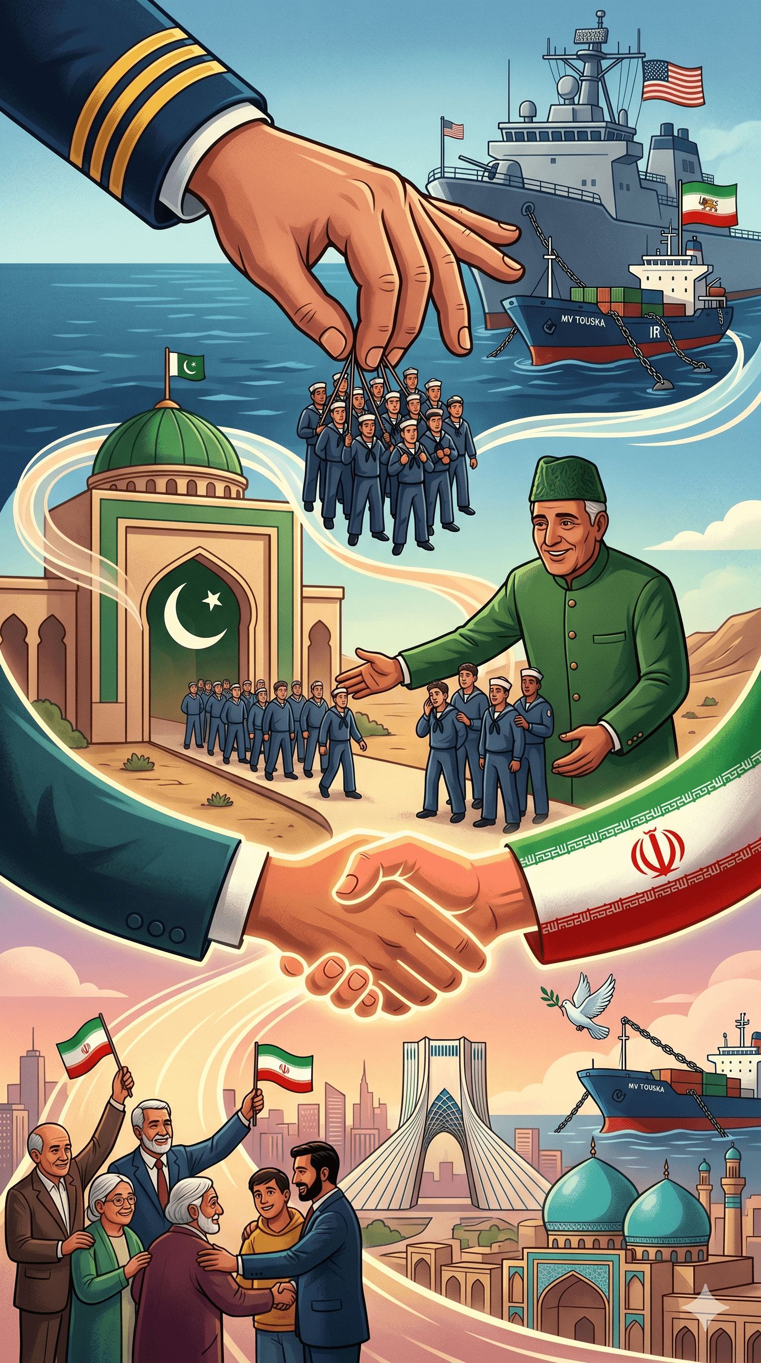 Political cartoon: Naval Diplomacy: US Transfers MV Touska Crew to Pakistan in Strategic Goodwill Move