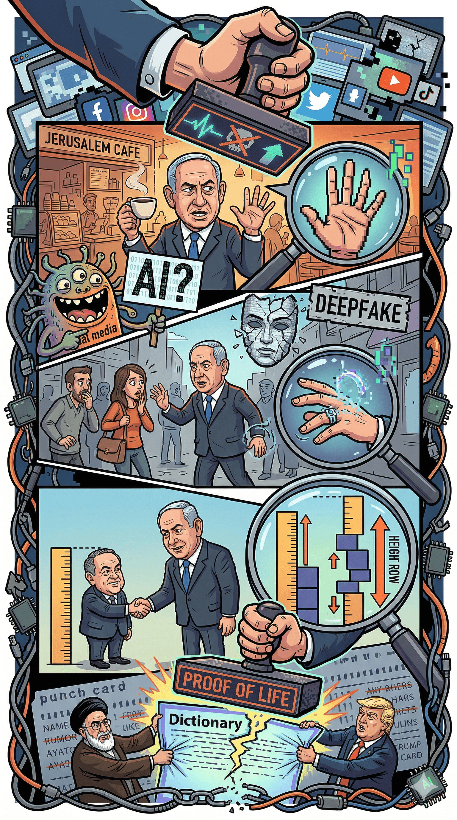 Political cartoon: Netanyahu Had to Prove He Was Alive 3 Times: Why "Proof of Life" Is the Word of the Week