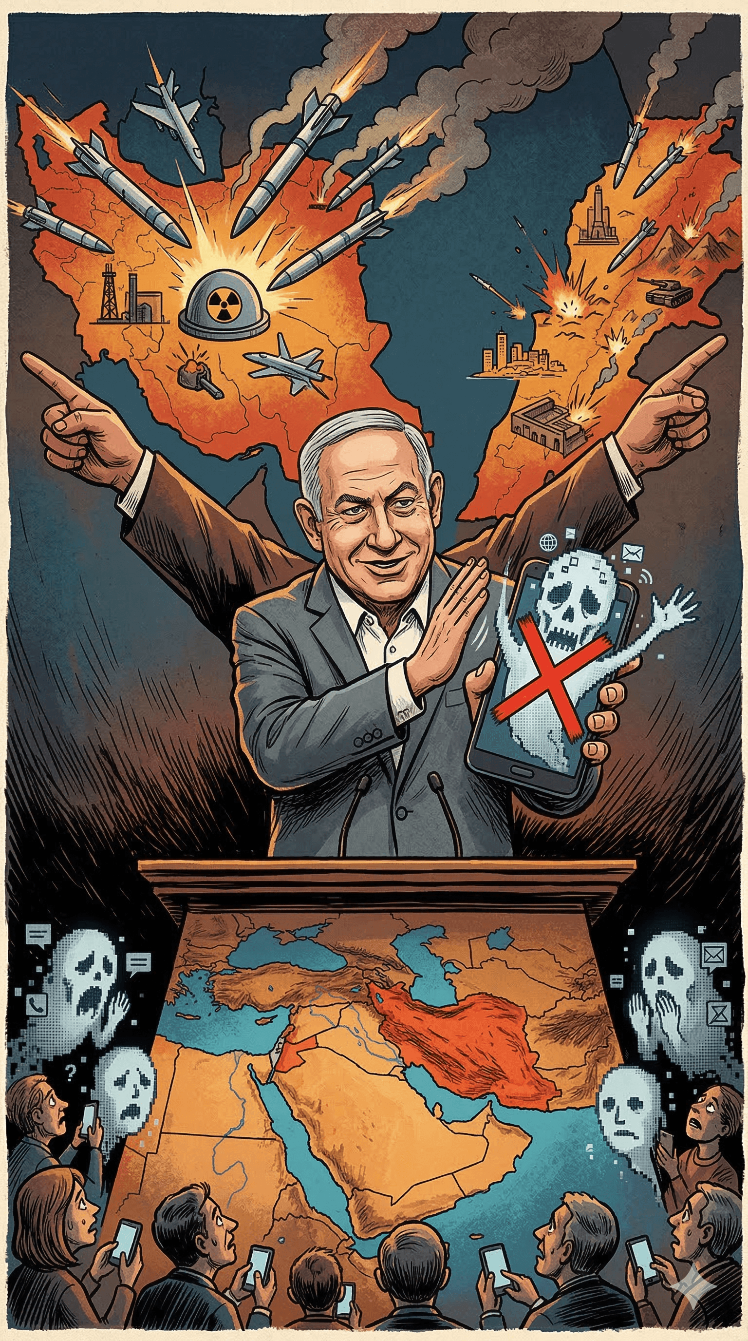 Political cartoon: Netanyahu Mocks Death Rumors in New Video Amid Unprecedented Israel Strikes on Iran and Lebanon