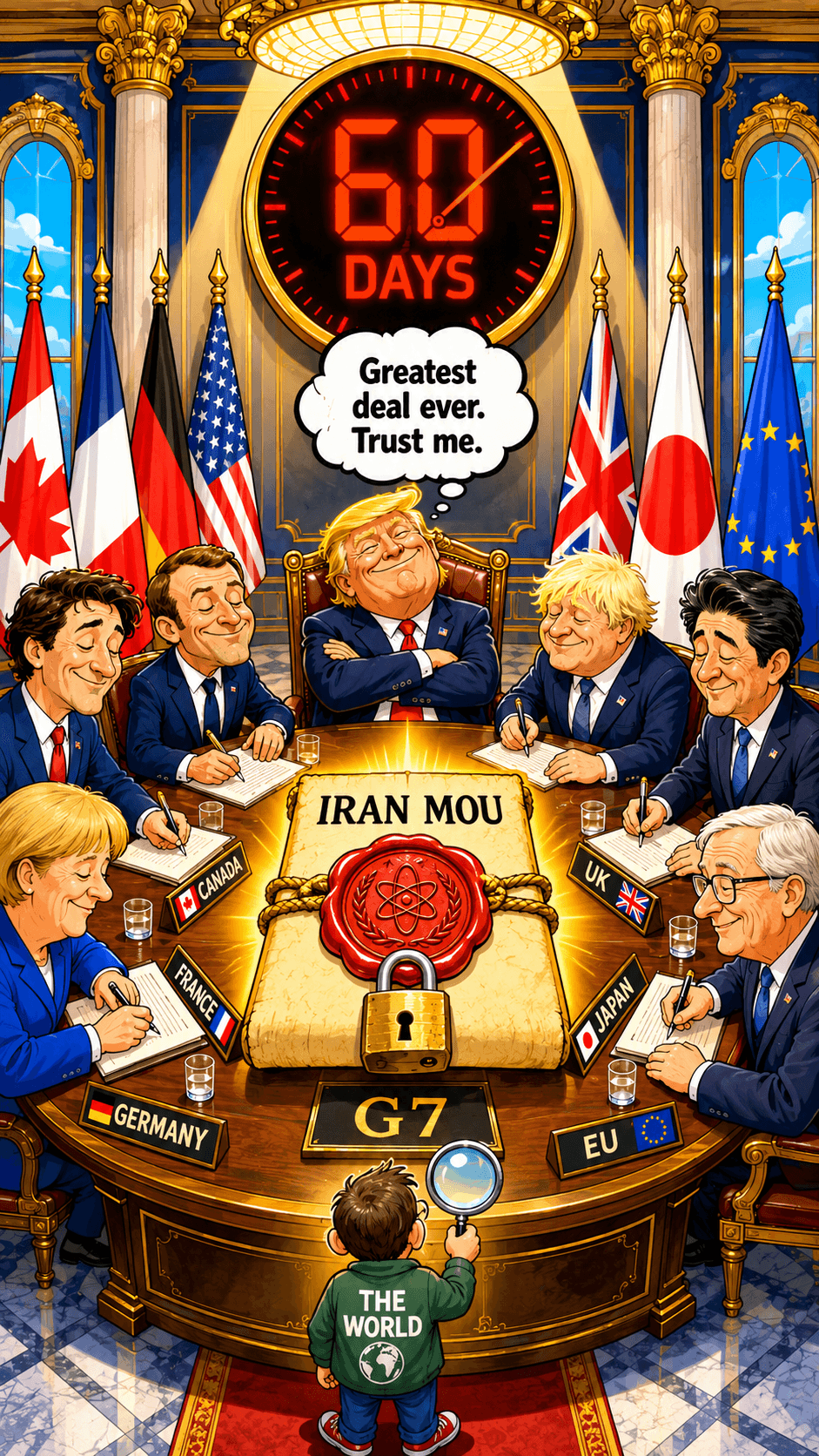 Political cartoon: Nobody Has Read It. Everyone Has Signed It. The Iran MOU Is the Most Powerful Document Nobody Has Seen