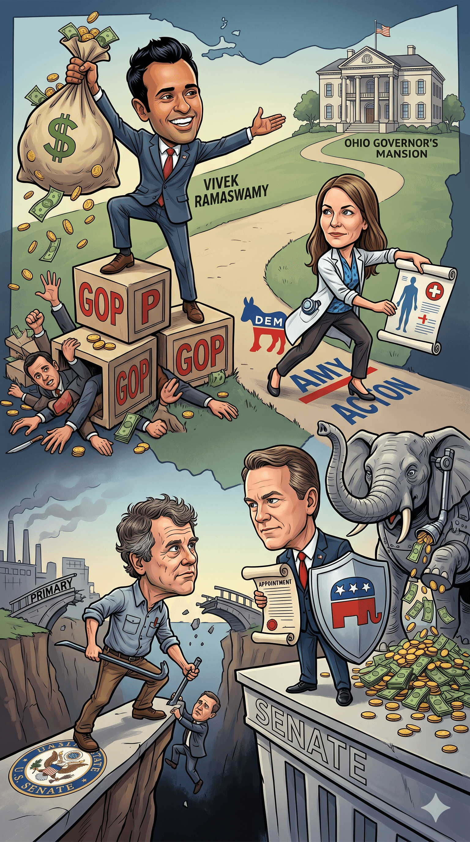 Political cartoon: Ohio Primary Results 2026: Vivek Ramaswamy Wins GOP Governor Race, Sherrod Brown Advances to Face Jon Husted for Senate