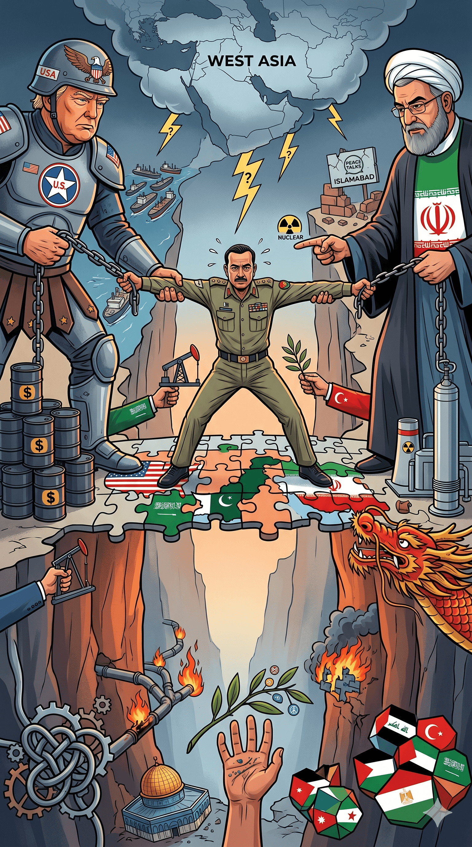 Political cartoon: Pakistan’s Strategic Balancing Act: Field Marshal Asim Munir in Tehran for High-Stakes US-Iran Peace Talks
