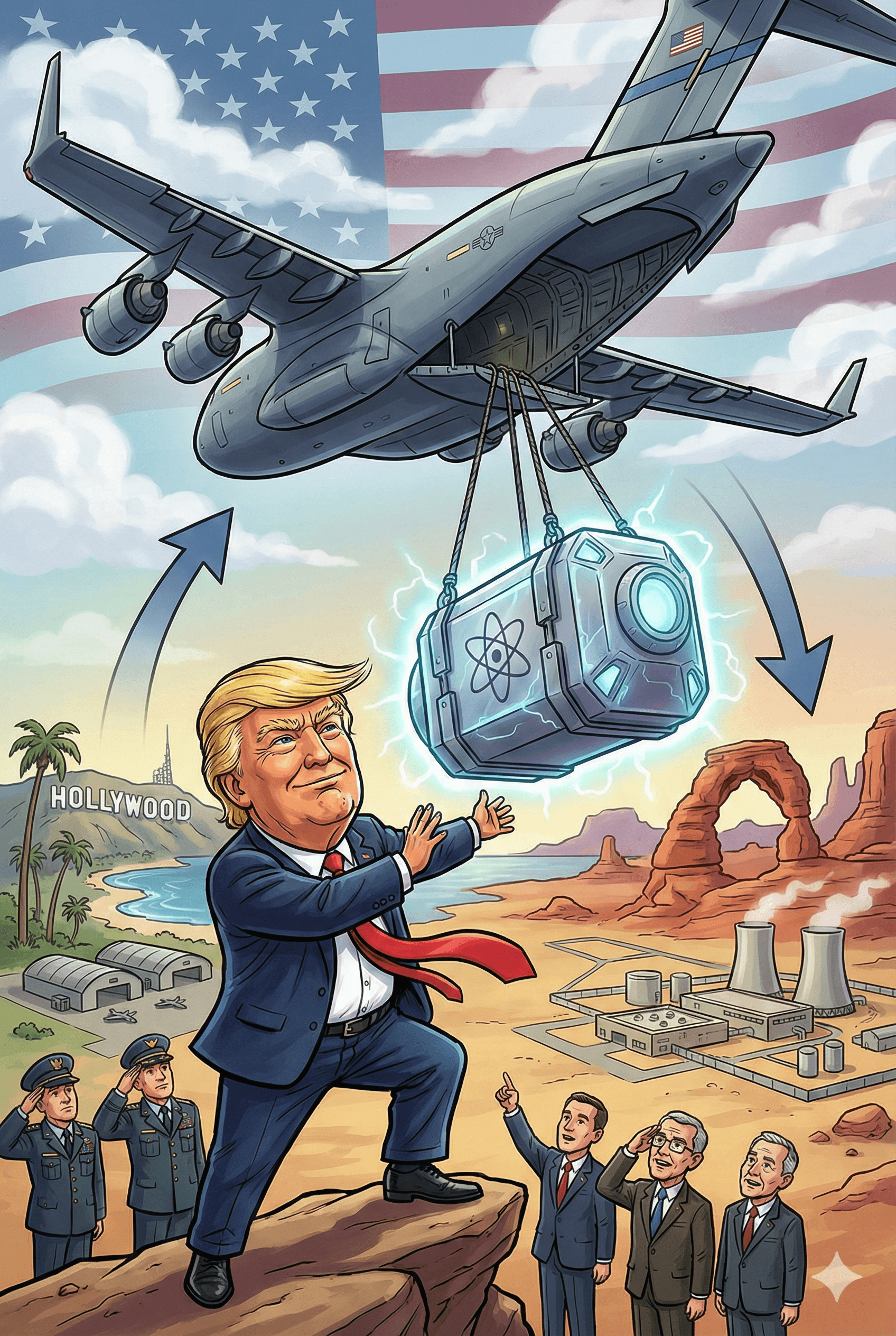 Political cartoon: Pentagon Airlifts Mobile Nuclear Reactor to Utah in Historic "Energy Dominance" Test