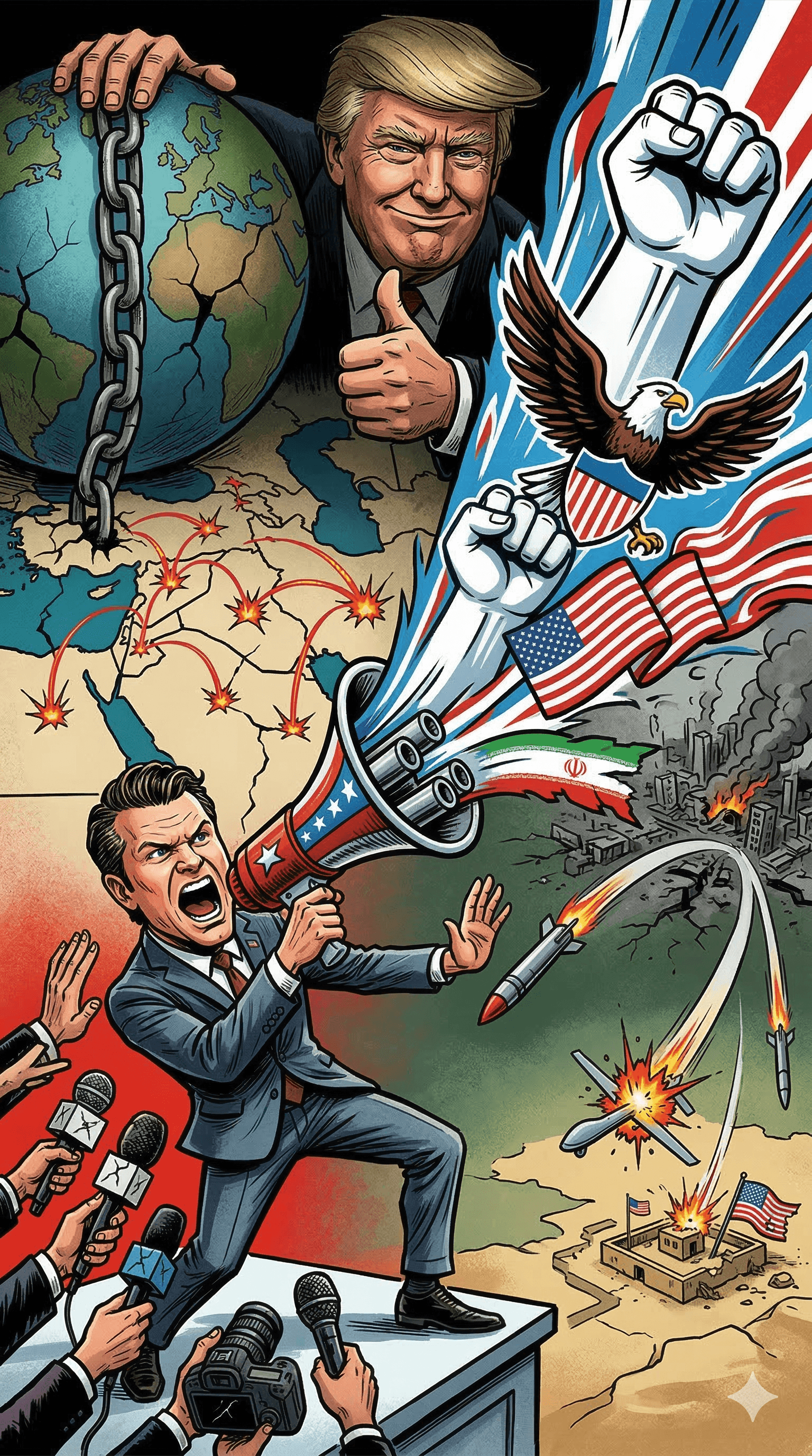 Political cartoon: Pete Hegseth Brings Combative Style as the Face of Trump's War in Iran