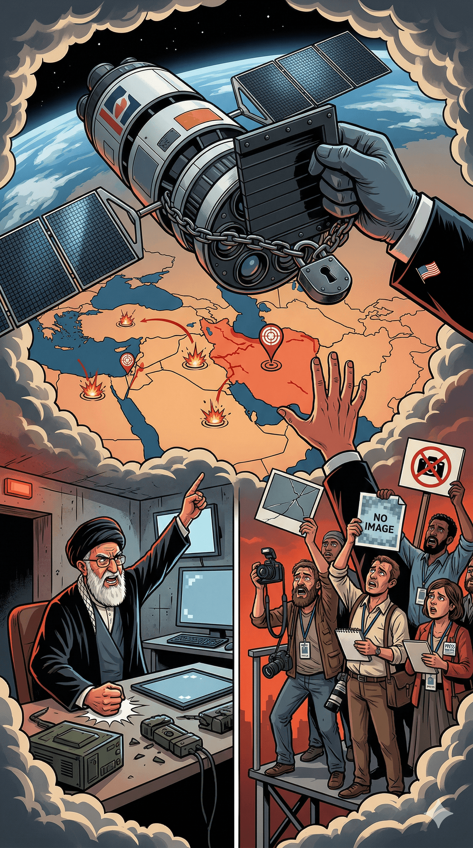 Political cartoon: Planet Labs Imposes Indefinite Blackout on Iran Satellite Imagery at U.S. Request