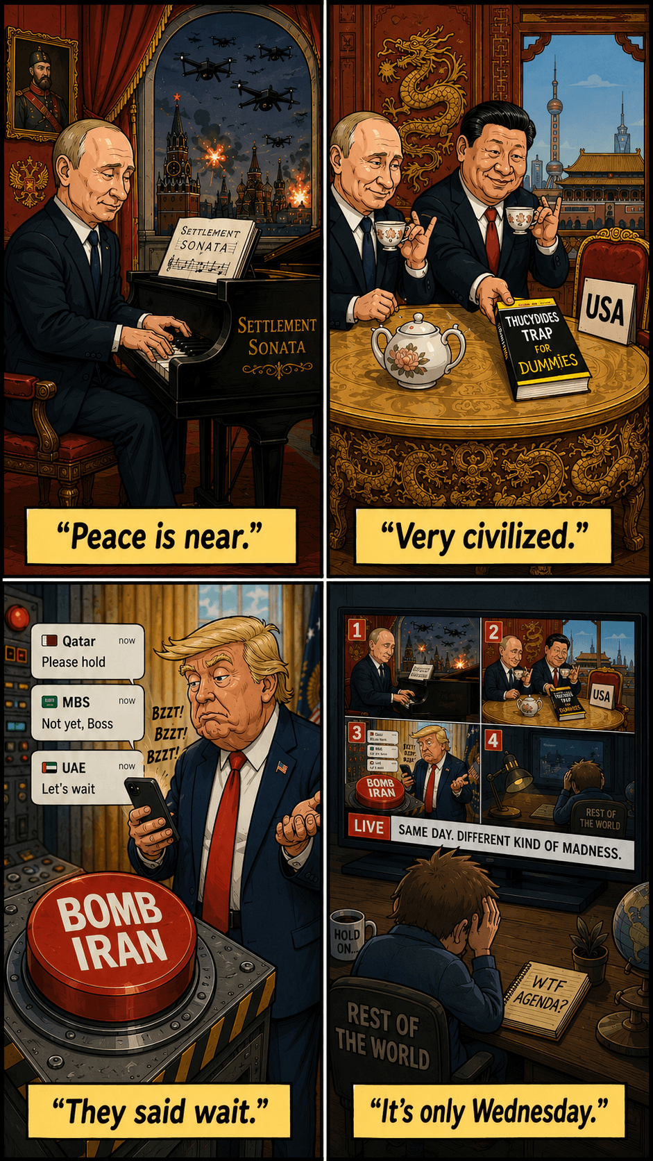 Political cartoon: Putin Declares Peace While Moscow Burns — Xi Watches, Trump Tweets