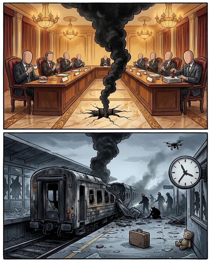 Political cartoon: Russian Drone Strike Kills 13 at Dnipro Railway Station as Zelenskyy Demands Tougher Sanctions