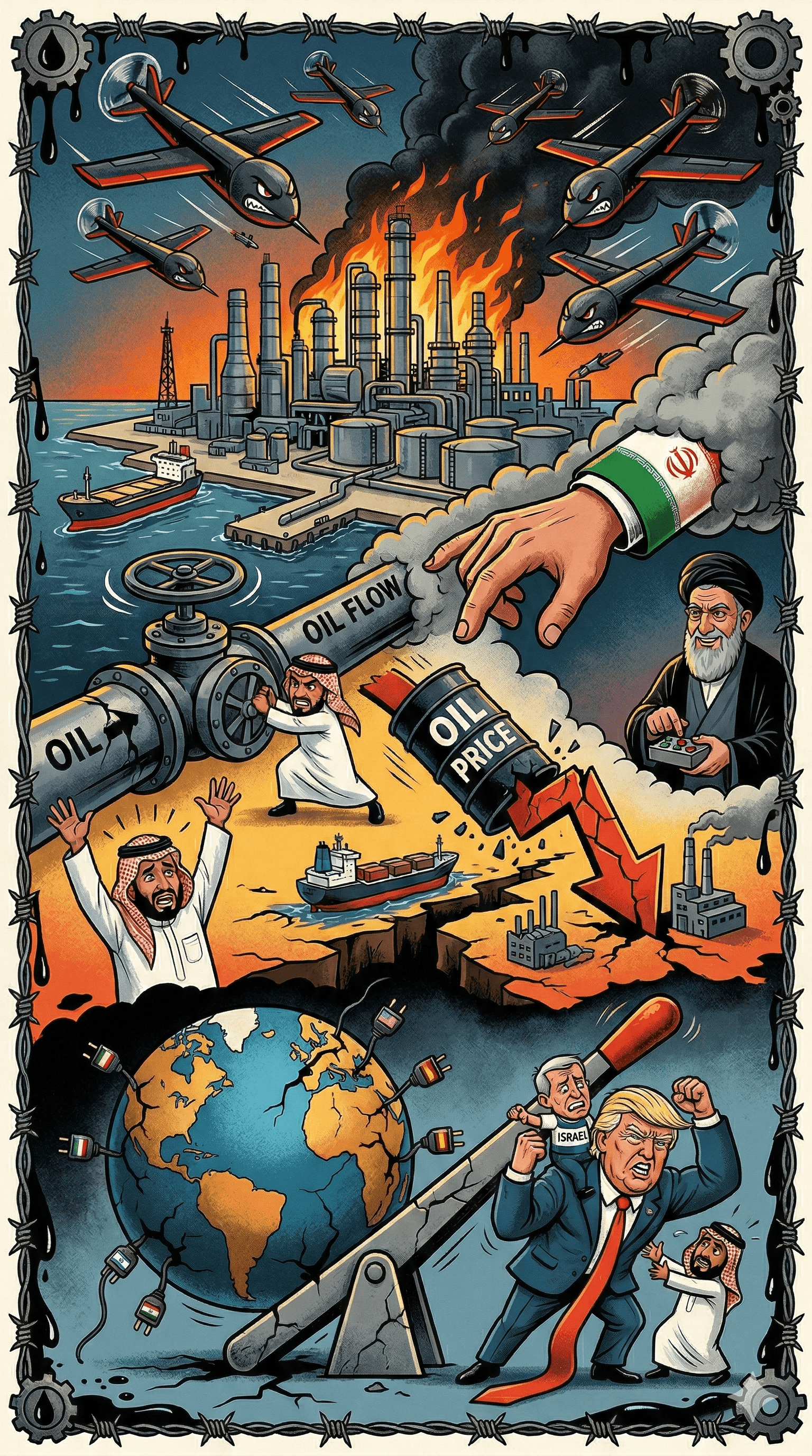 Political cartoon: Saudi Arabia’s Biggest Oil Refinery Halts After Drone Strike Amid Escalating Middle East Tensions