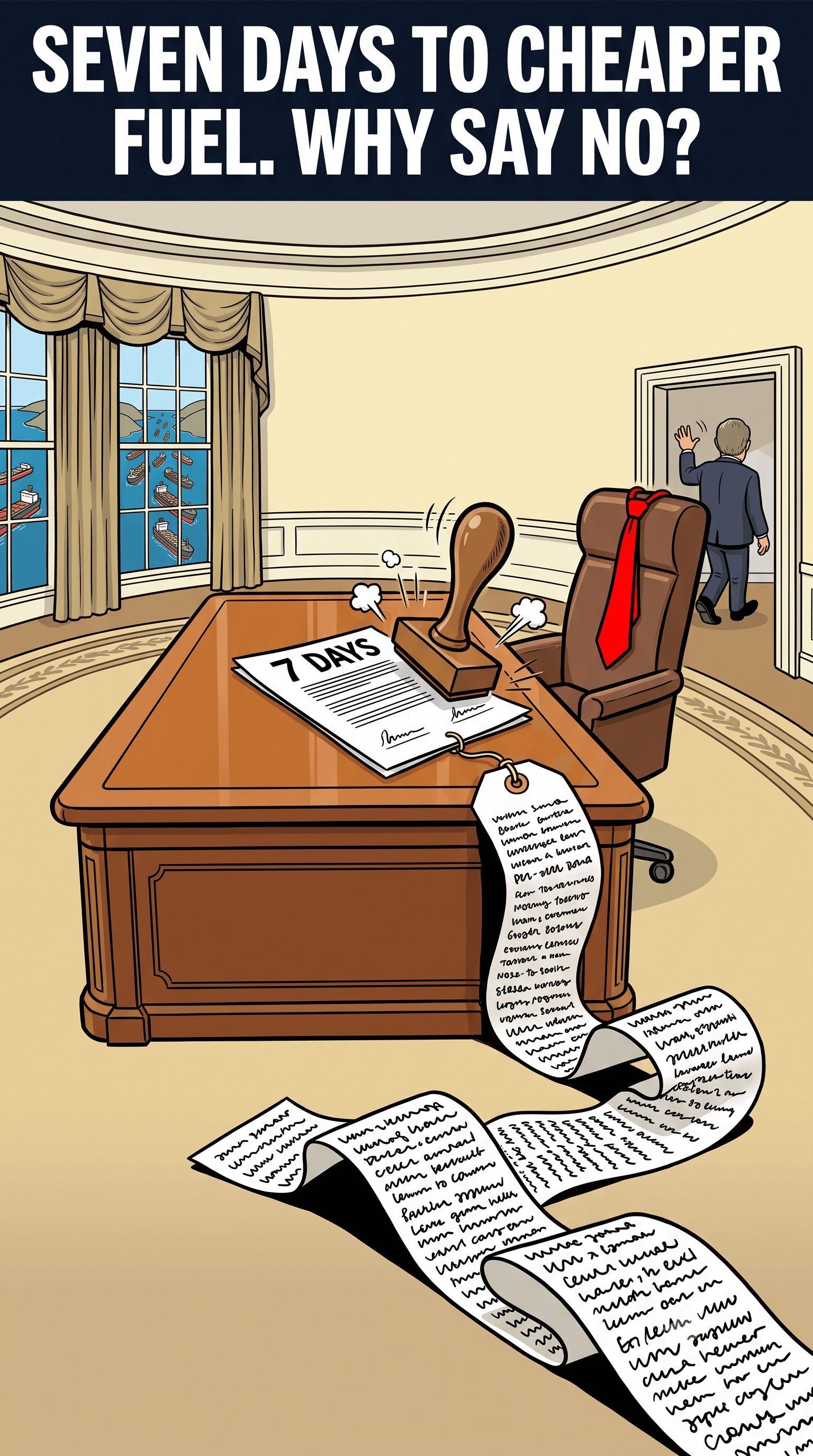 Political cartoon: Seven Days to Reopen the Strait. Here Is What It Would Have Cost.