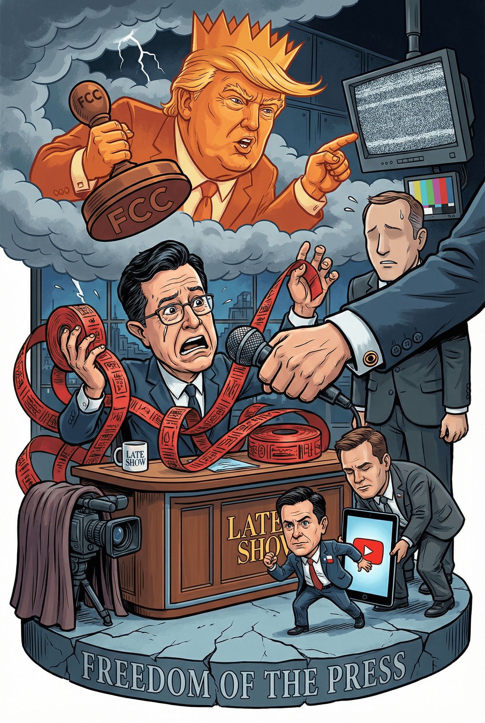 Political cartoon: Stephen Colbert Accuses CBS of Censorship as Interview with Democrat Blocked Amid Trump Administration Pressure