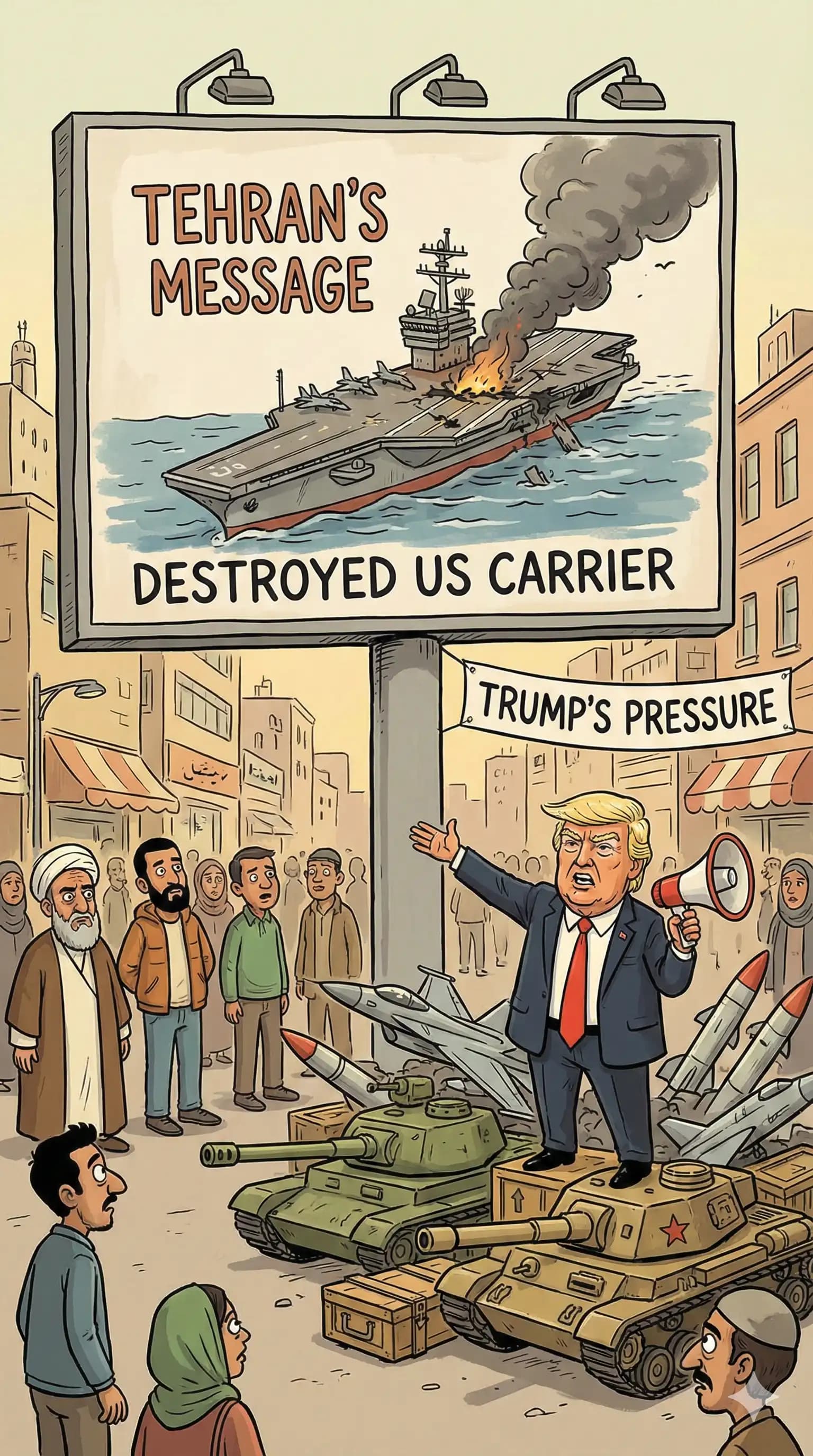 Political cartoon: Tehran Unveils Defiant Mural as Trump’s “Armada” Closes In: A New Peak in US-Iran Tensions