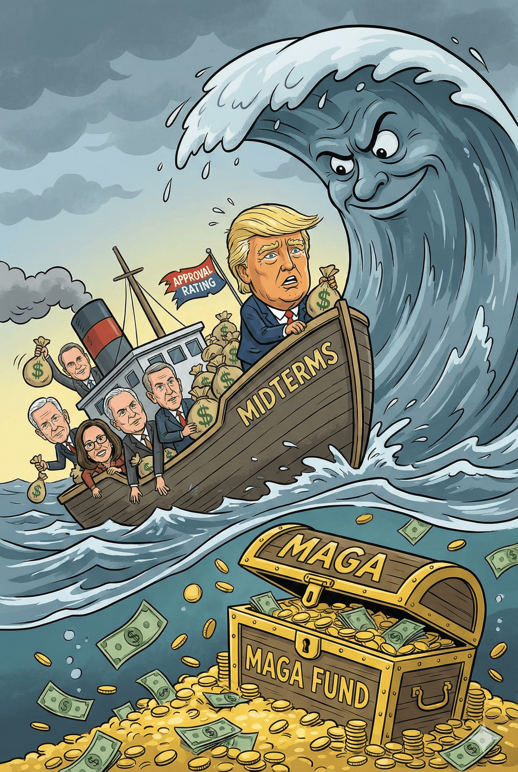 Political cartoon: The 2026 Midterm Calculus: Can MAGA’s $304 Million Fortress Withstand Trump’s 36% Approval?