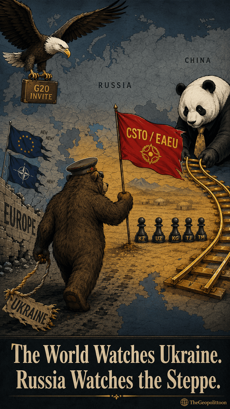 Political cartoon: The Bear Retreats West, But Conquers East: Russia's Quiet Pivot to Central Asia