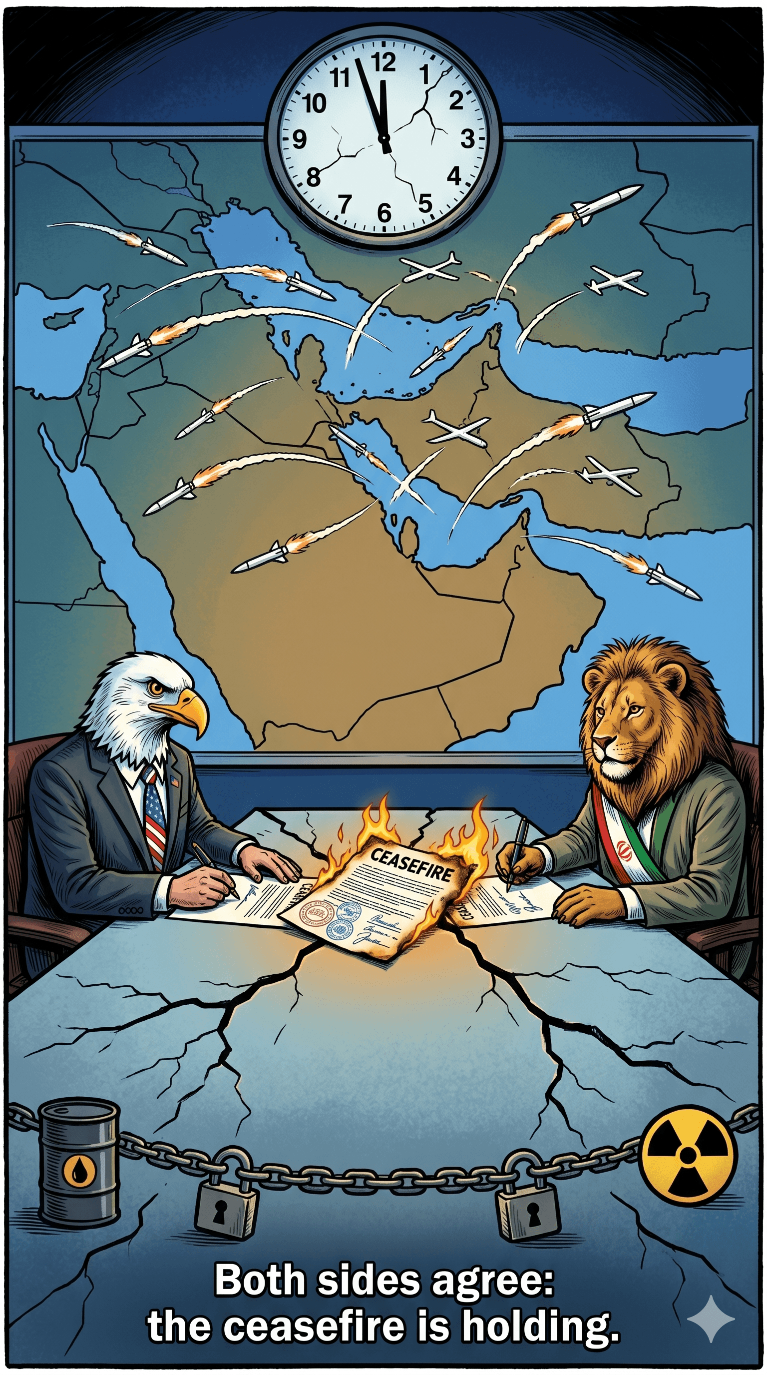 Political cartoon: The Ceasefire That Won't Hold: Inside the US-Iran War's Most Dangerous Week