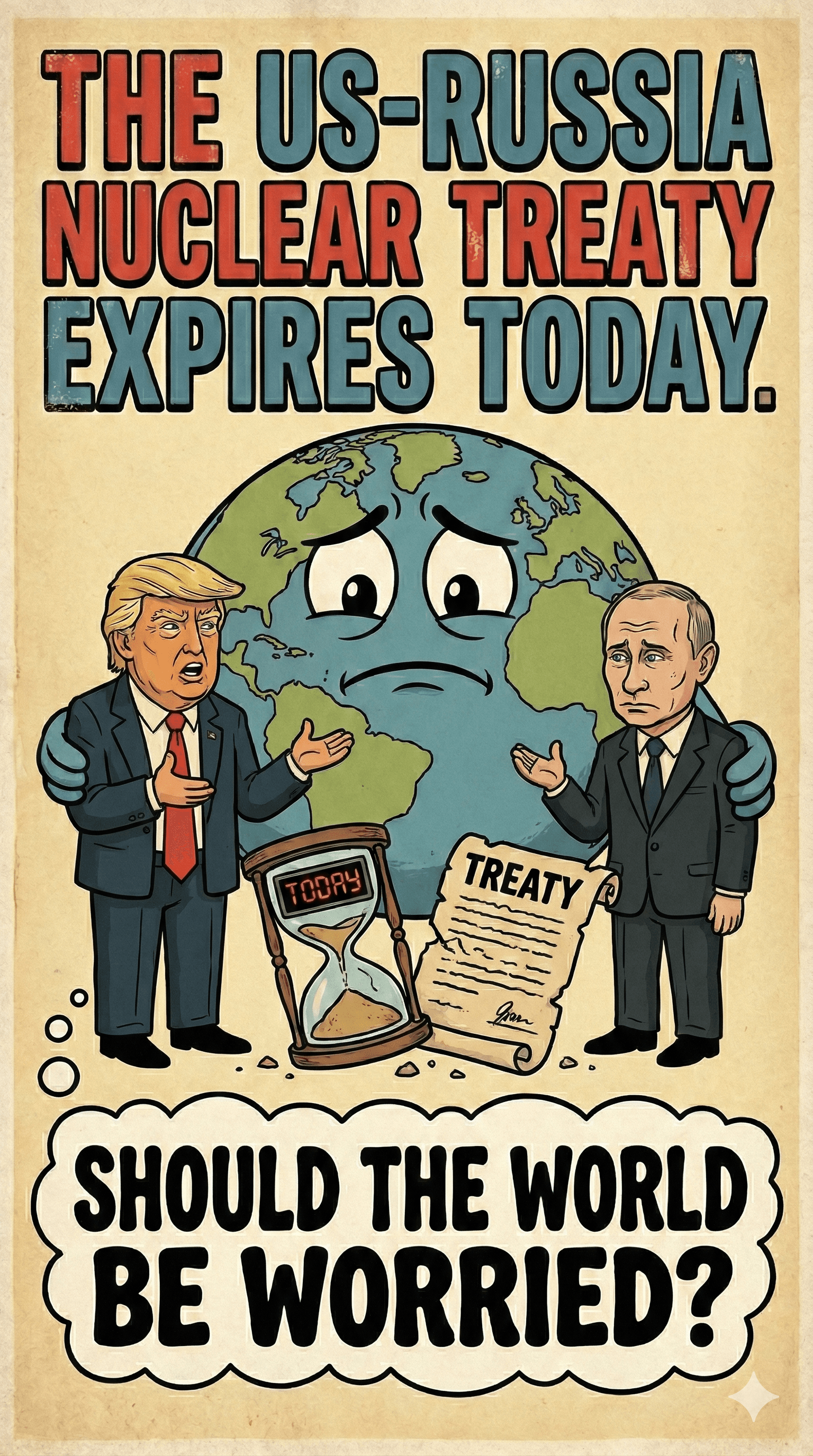 Political cartoon: "The Clock Runs Out": US-Russia Nuclear Treaty Expires Today, Sparking Global Alarm Over a New Arms Race