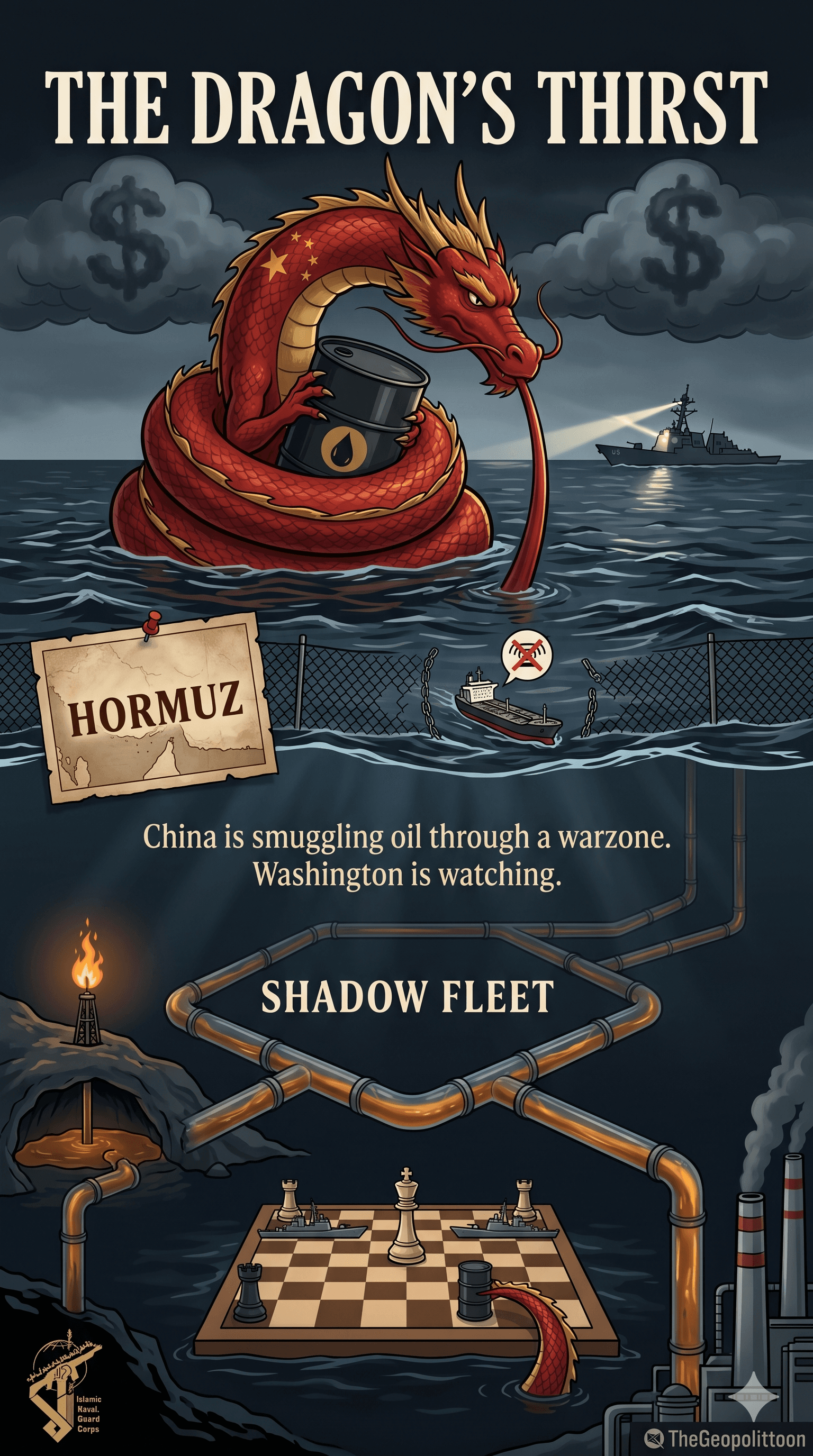 Political cartoon: 🛢️ THE DRAGON'S THIRST: China Is Smuggling Oil Through a War Zone — And Washington Can't Stop It