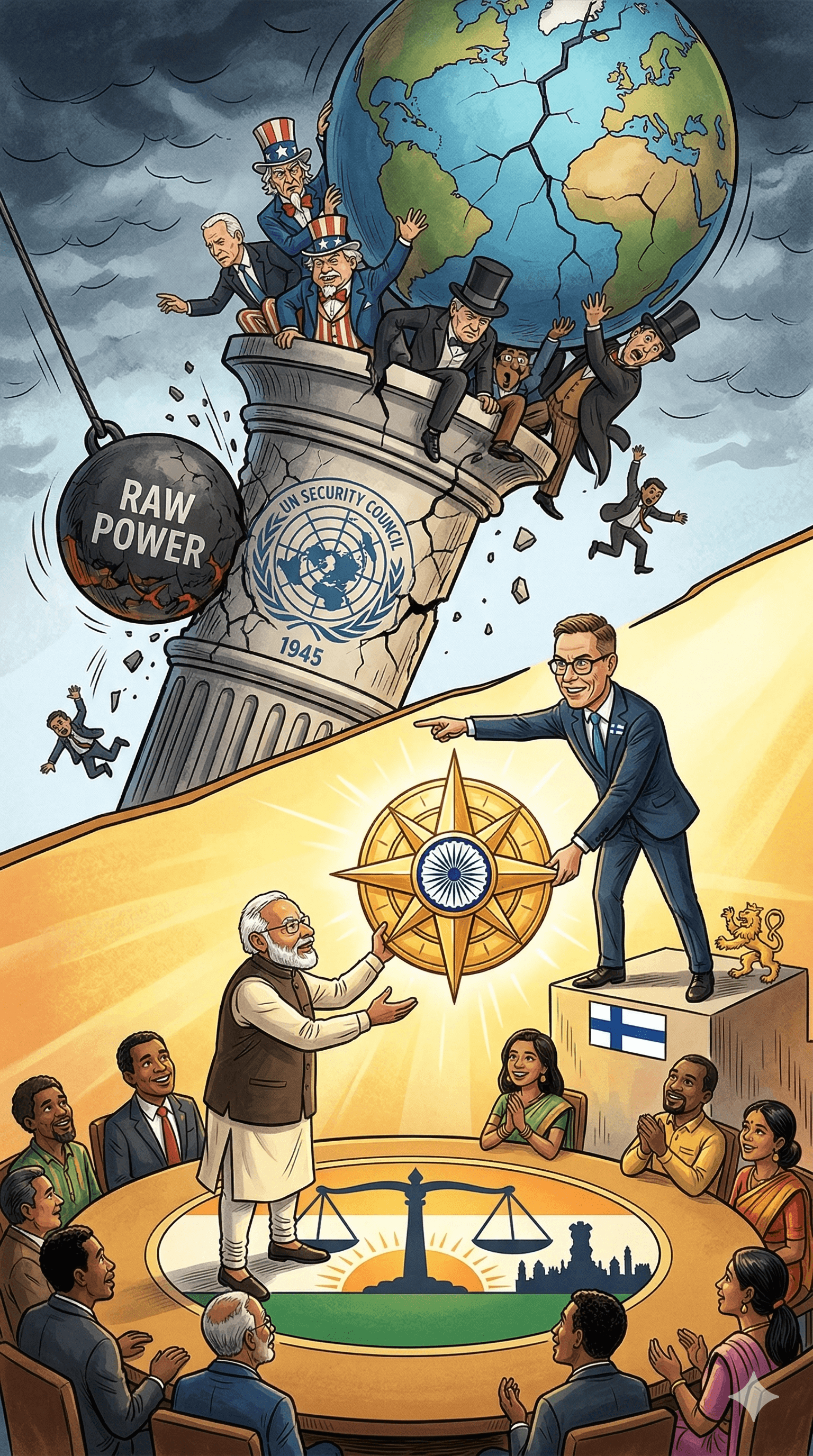 Political cartoon: The End of Western Dominance: Finnish President Stubb Backs India to Lead the New World Order