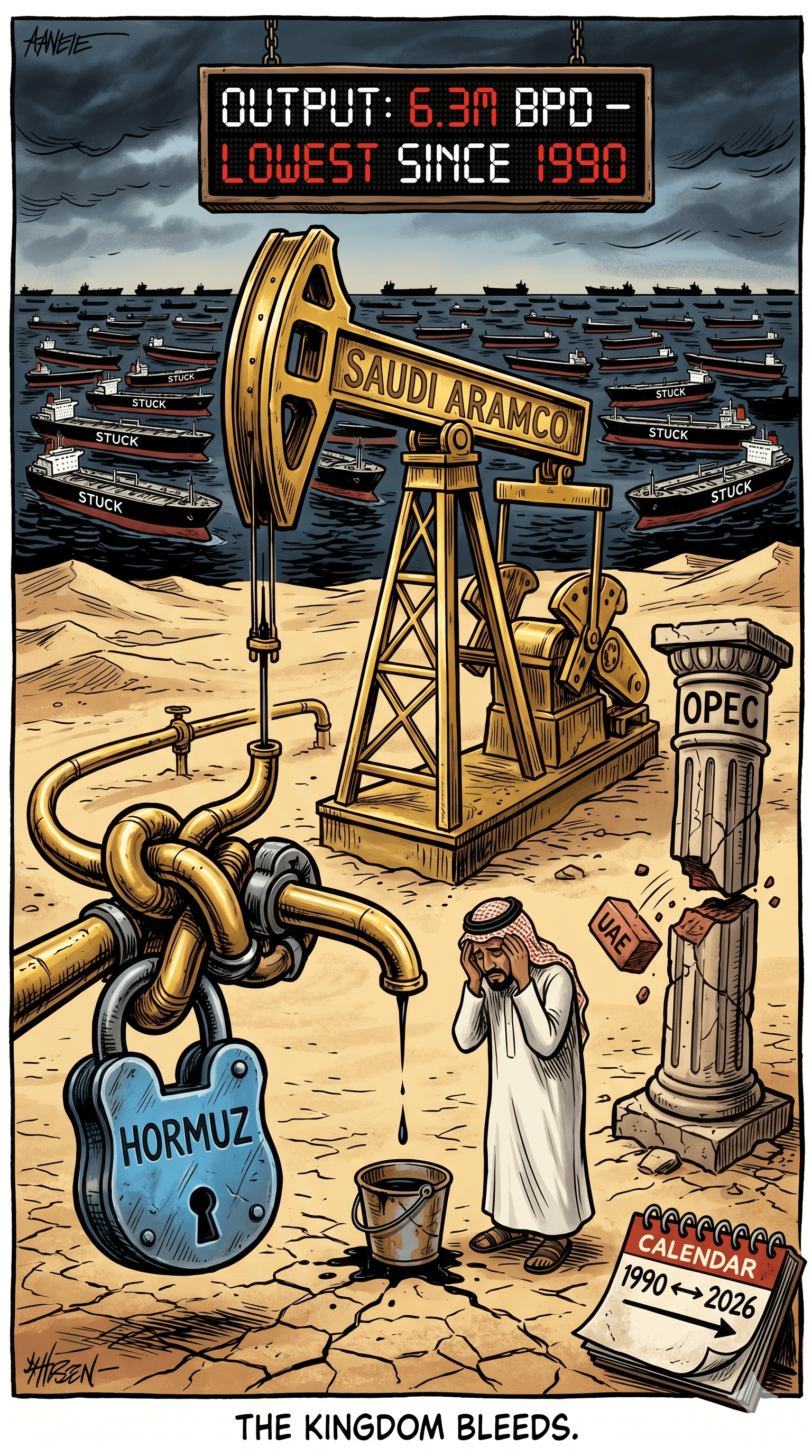Political cartoon: The Kingdom Bleeds: Saudi Arabia's Oil Production Collapses to Its Lowest in 36 Years