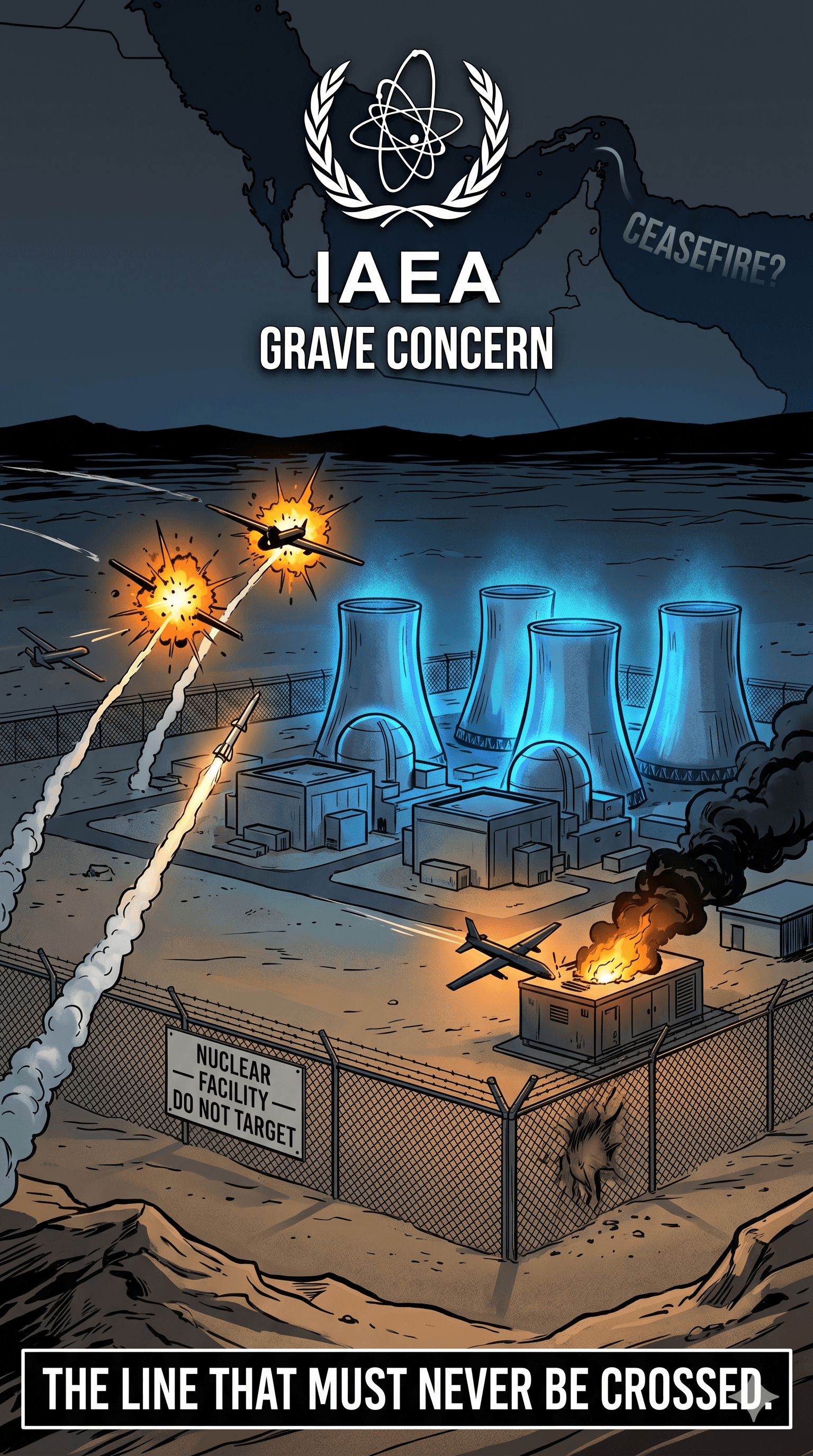 Political cartoon: The Line That Must Never Be Crossed: A Drone Just Hit the Arab World's Only Nuclear Plant