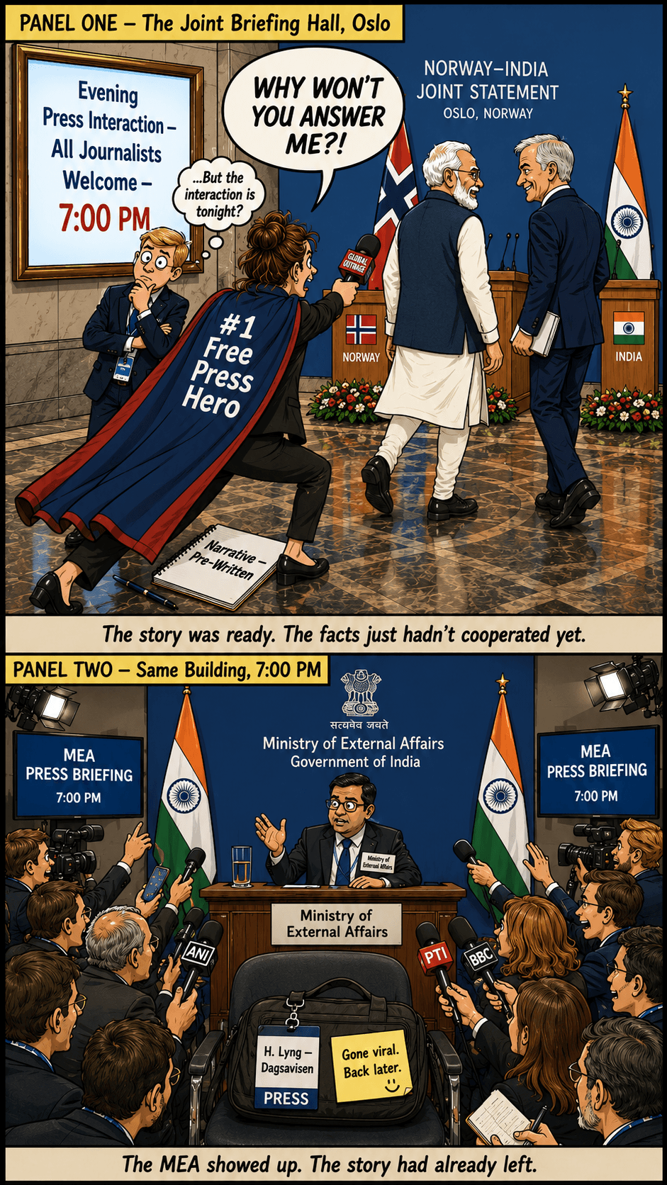 Political cartoon: The Question That Was Already Answered — How a Viral Moment Beat the Truth to the Finish Line