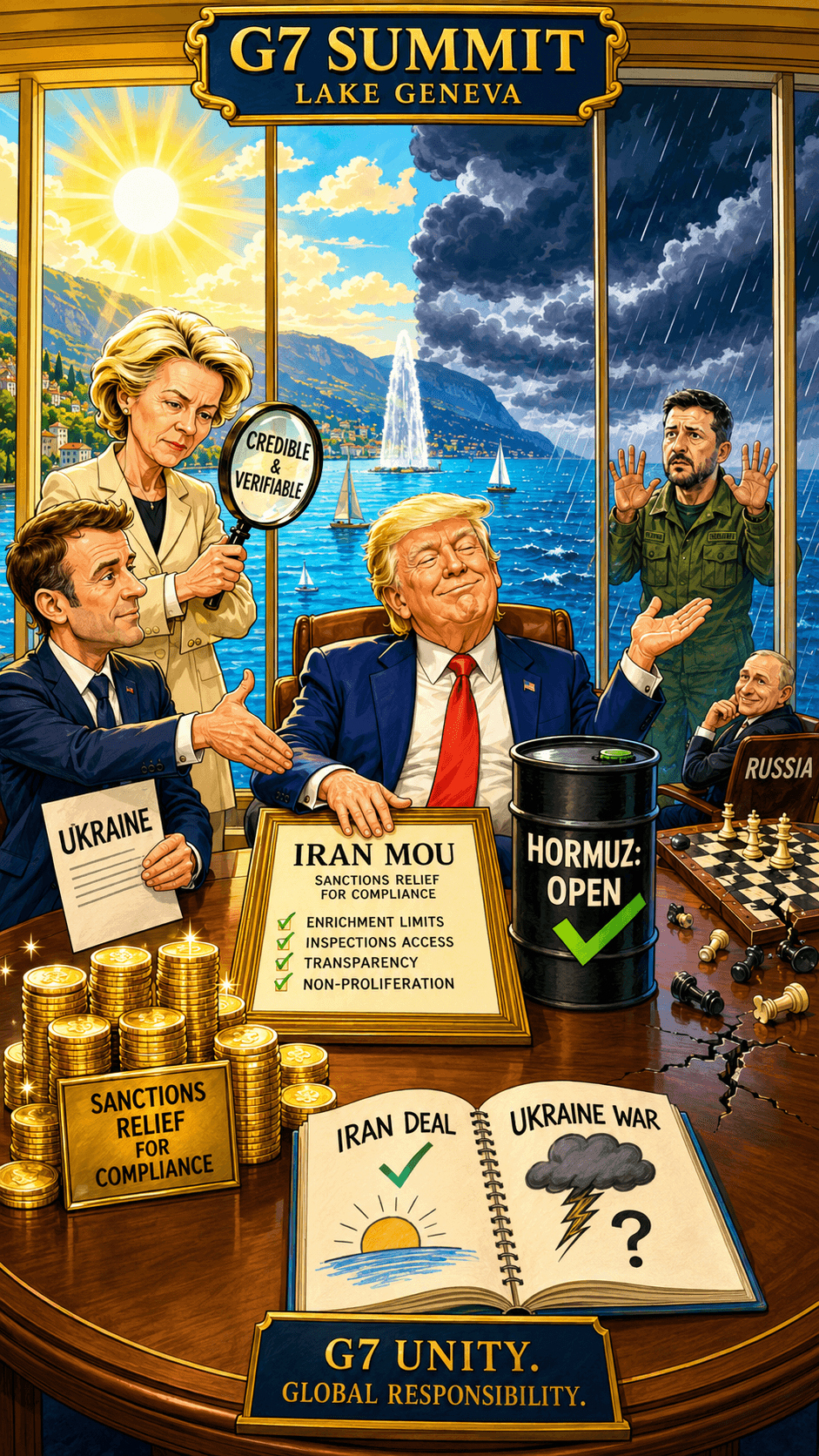 Political cartoon: The World Held Its Breath at a French Lake — Trump Brought an Iran Deal, Europe Brought Ukraine