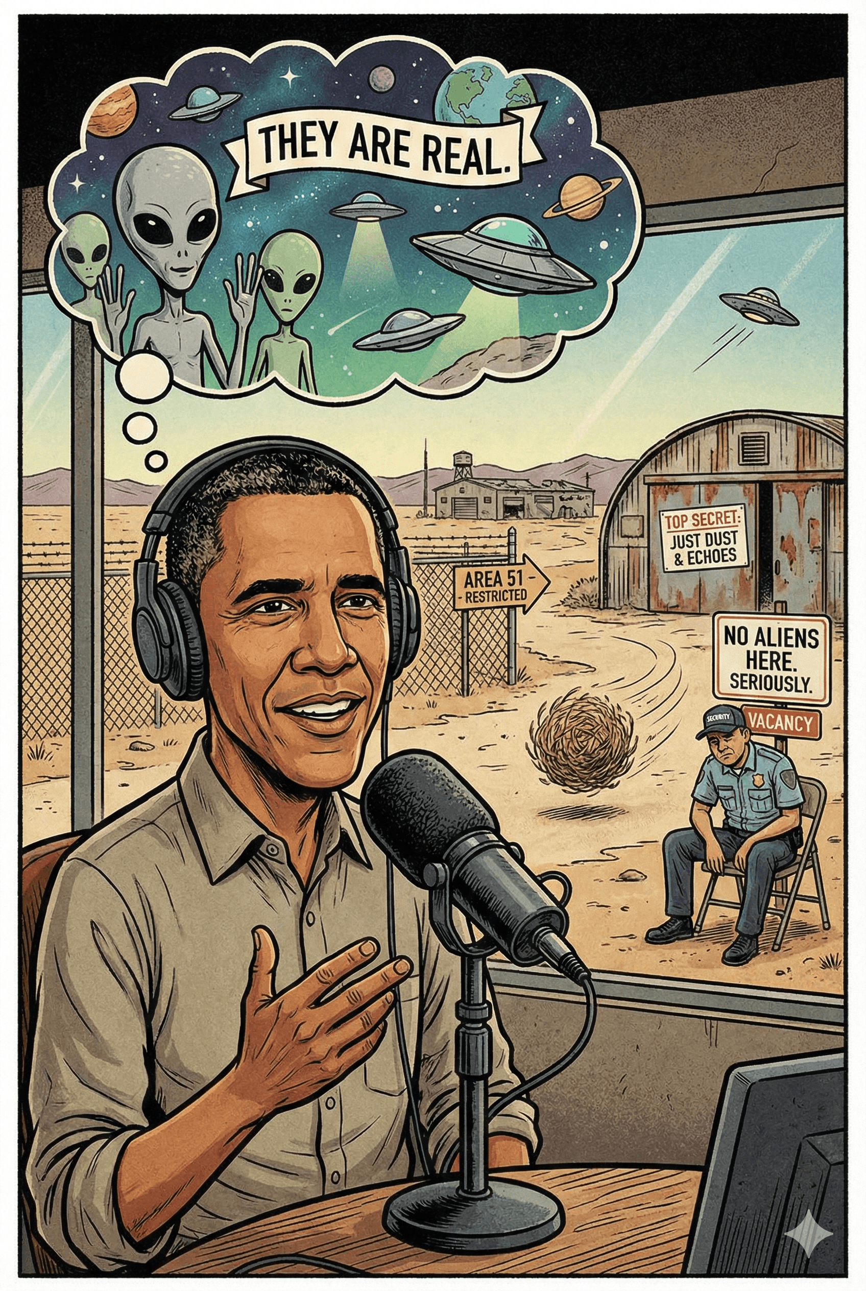 Political cartoon: ‘They Are Real’: Obama Affirms Alien Existence but Debunks Area 51 Conspiracies in Candid Interview