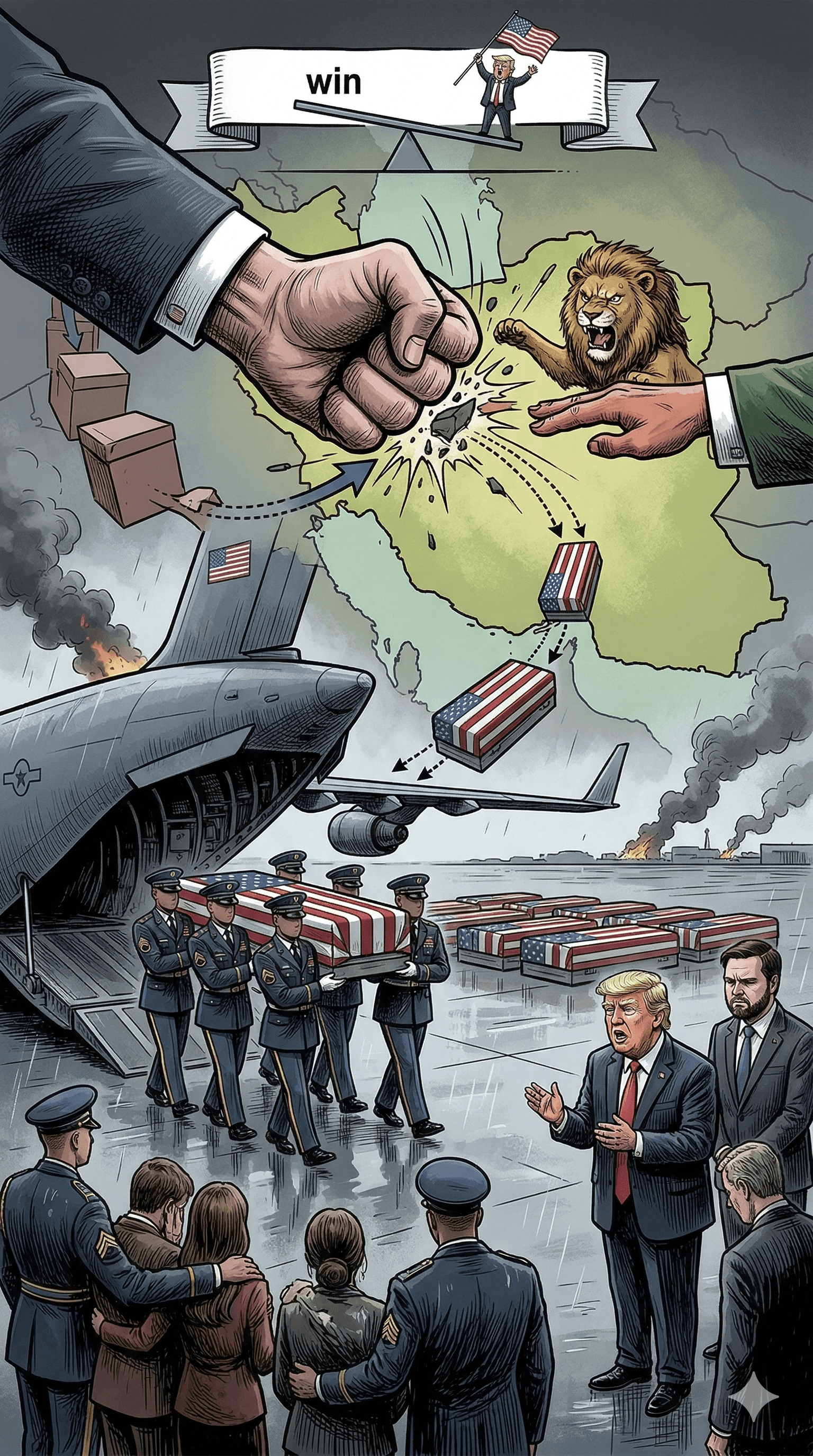 Political cartoon: Trump Attends Dignified Transfer for US Troops Killed in Iran Conflict: Confronts ‘The Bad Part of War’