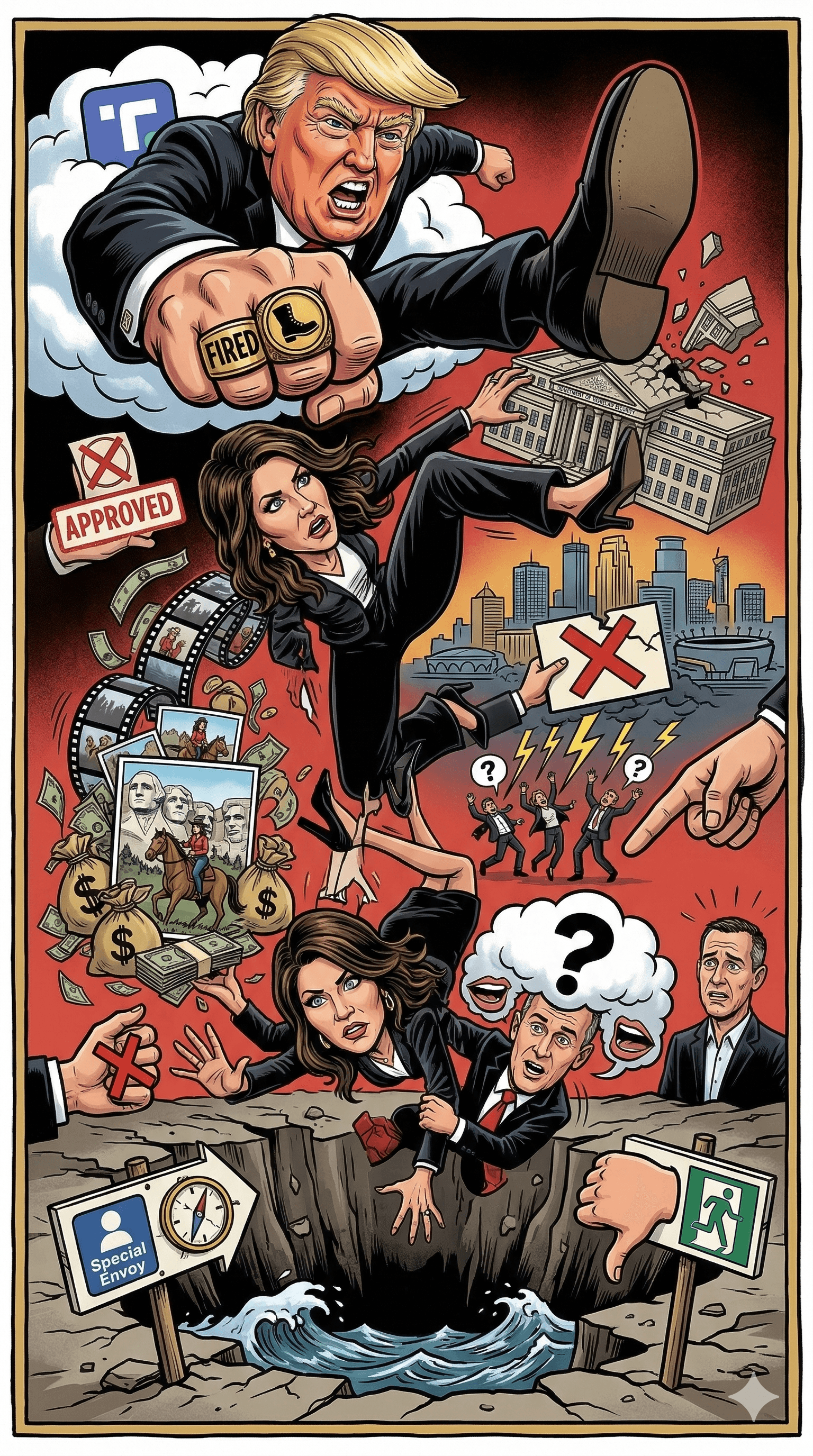 Political cartoon: Trump Fires Homeland Security Secretary Kristi Noem Amid Bipartisan Backlash and DHS Controversies