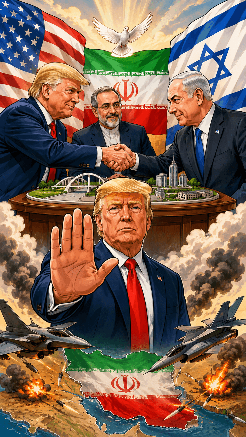 Political cartoon: Trump Halts Planned Strikes on Iran, Citing Framework for Regional Security and Middle East Peace