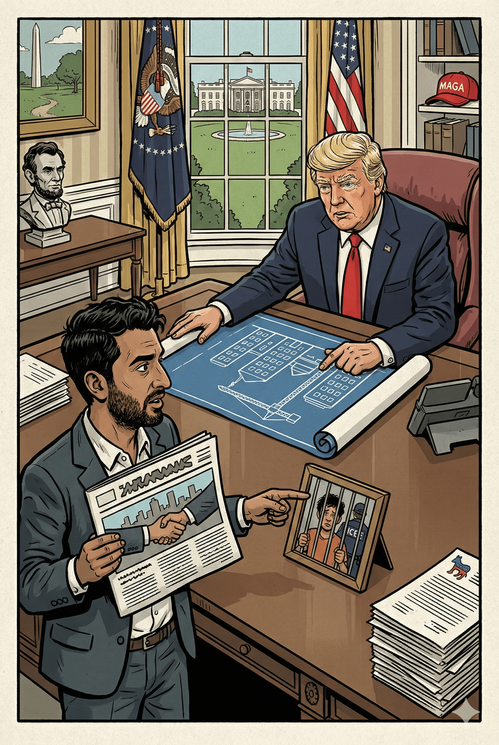 Political cartoon: Trump, Mamdani Meet in the White House for the Second Time: Housing Initiatives and ICE Detentions Take Center Stage