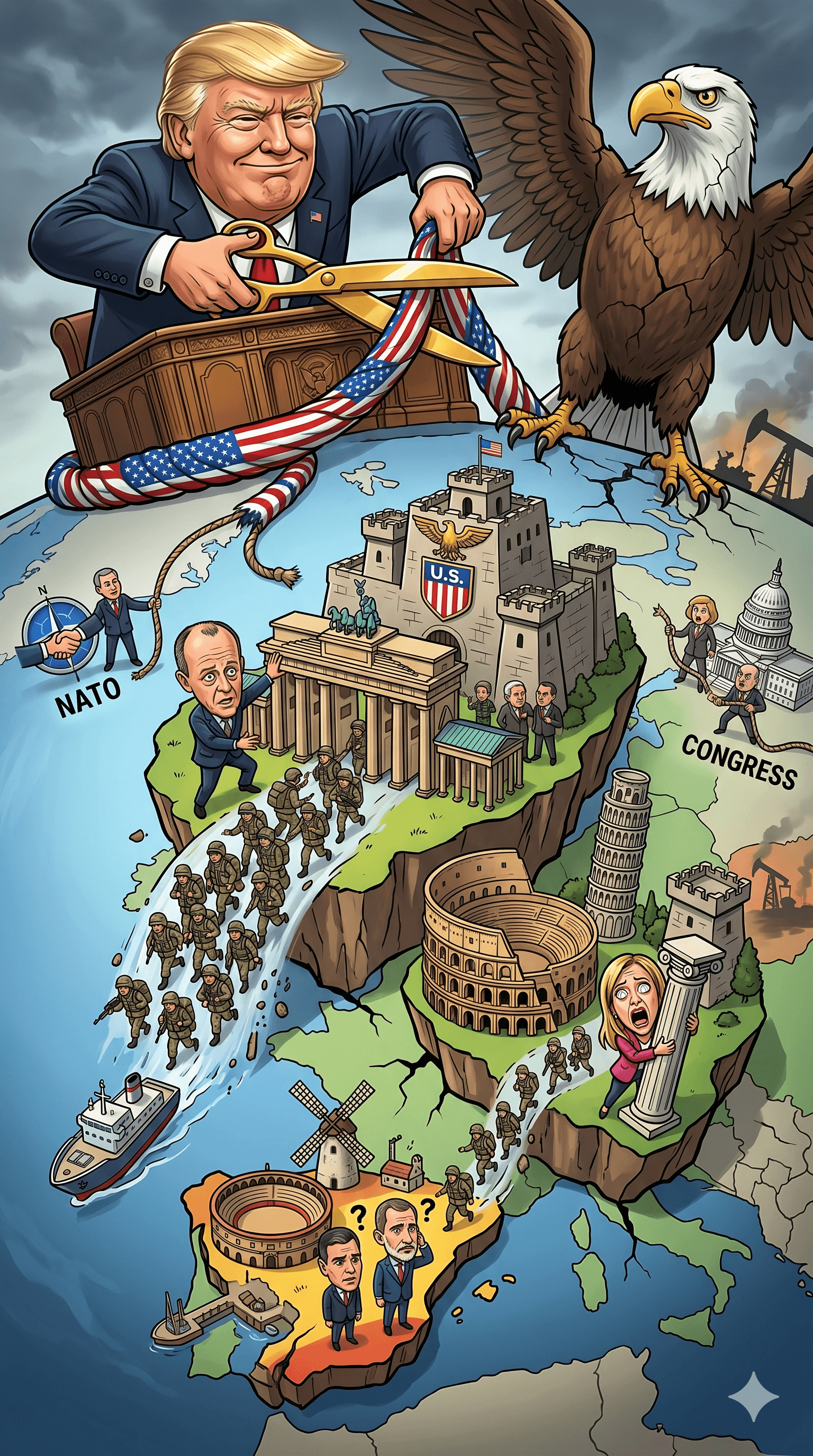 Political cartoon: Trump Mulls Reducing US Troops in Germany, Spain, and Italy: How Many Does Europe Host?