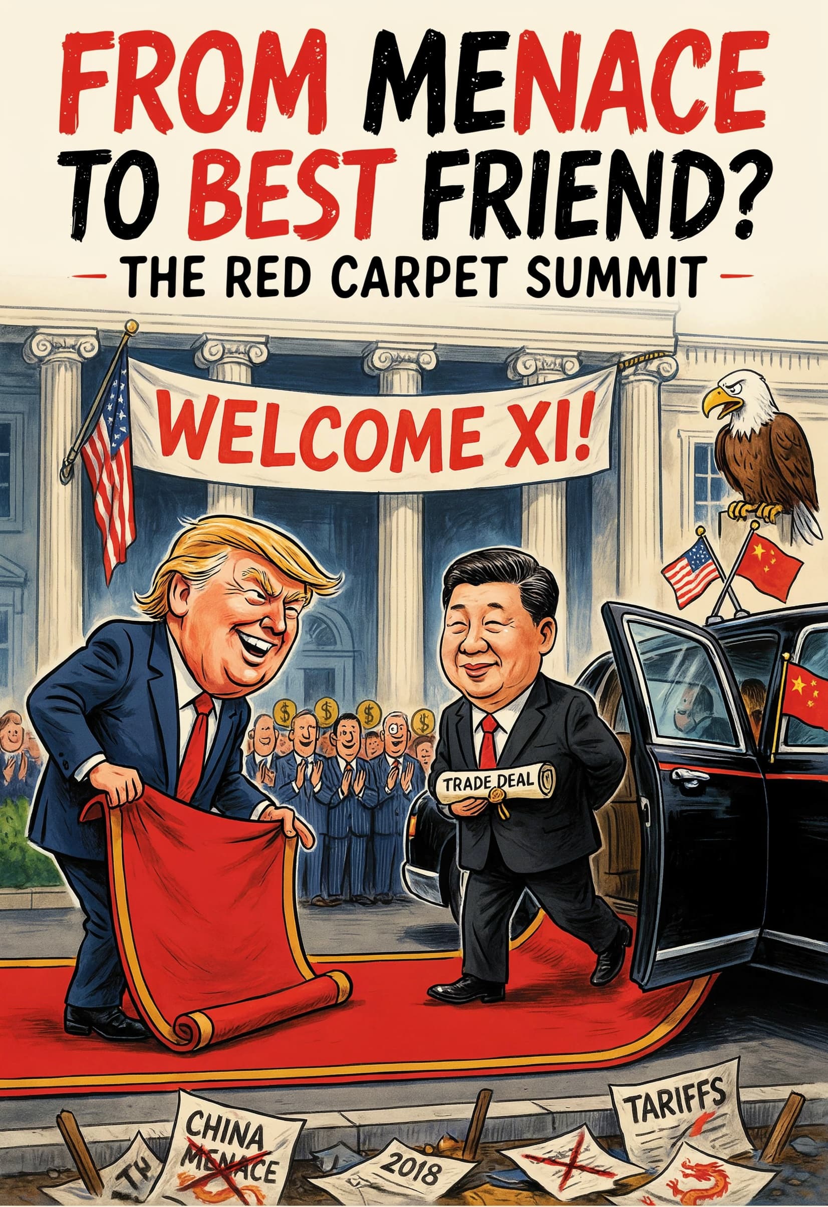 Political cartoon: Trump once made China a central villain. Now Xi is getting a state dinner.