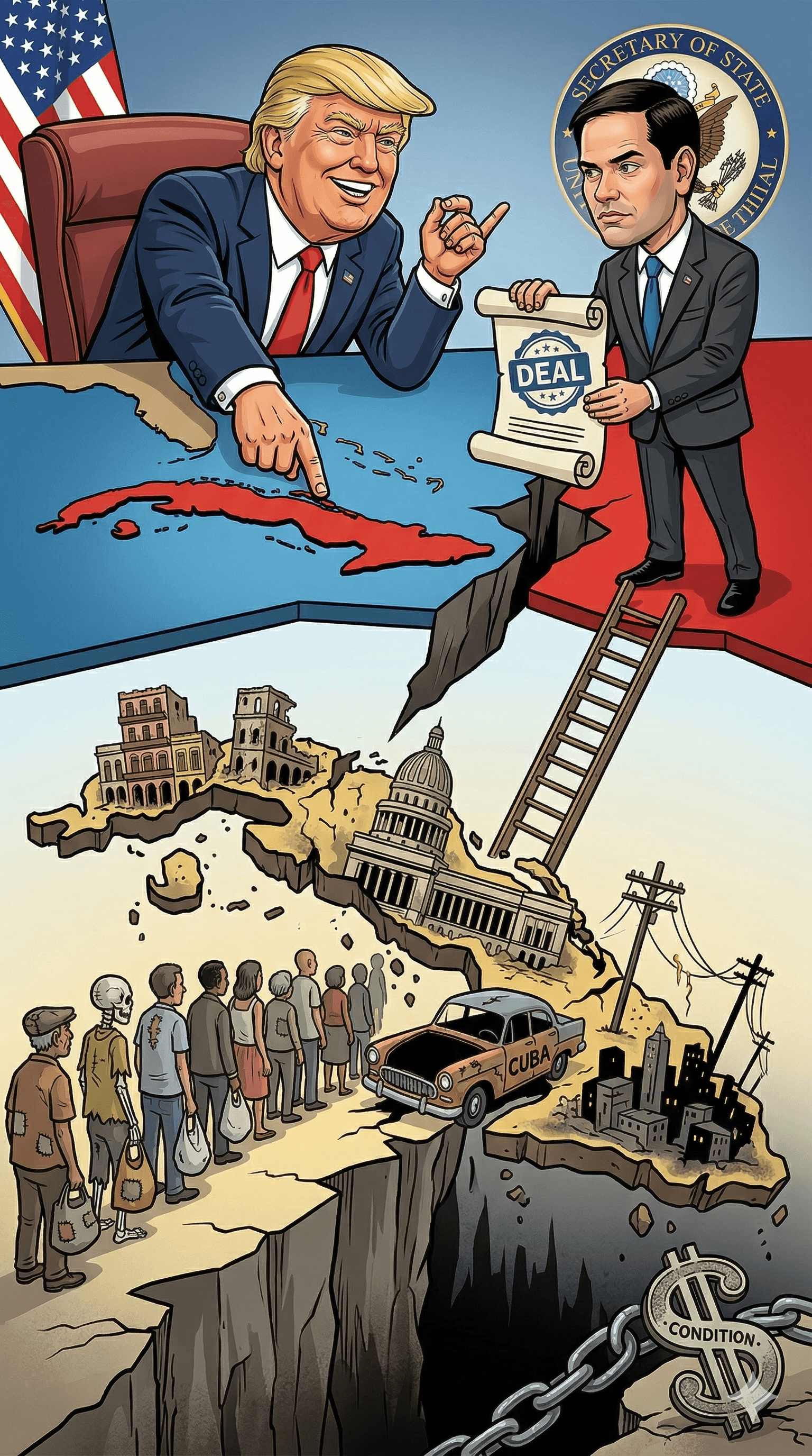 Political cartoon: Trump Predicts Cuba "Is Going to Fall Pretty Soon," Appoints Marco Rubio to Negotiate Regime Change Deal