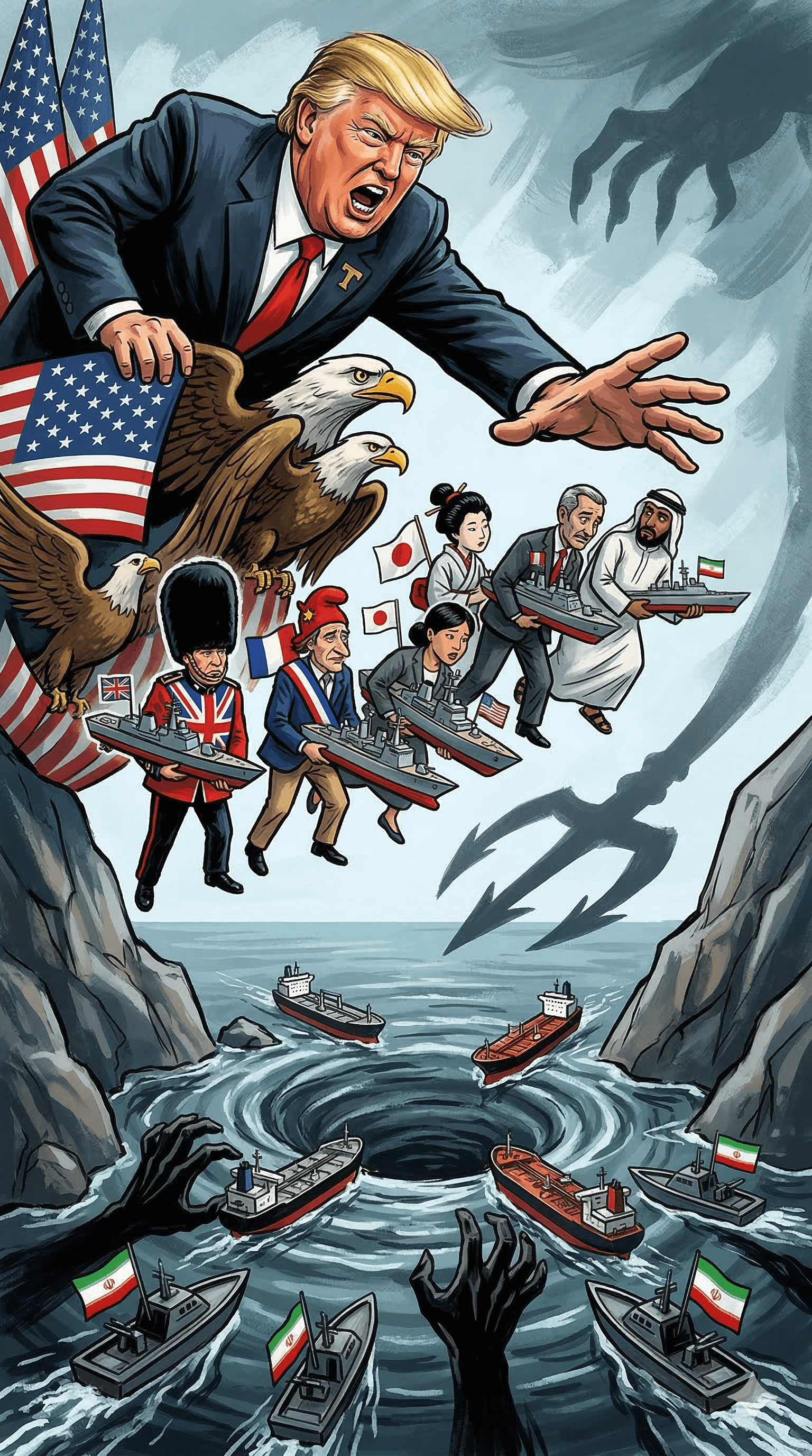 Political cartoon: Trump Urges Global Powers to Deploy Warships to Secure Strait of Hormuz Amid Middle East Crisis