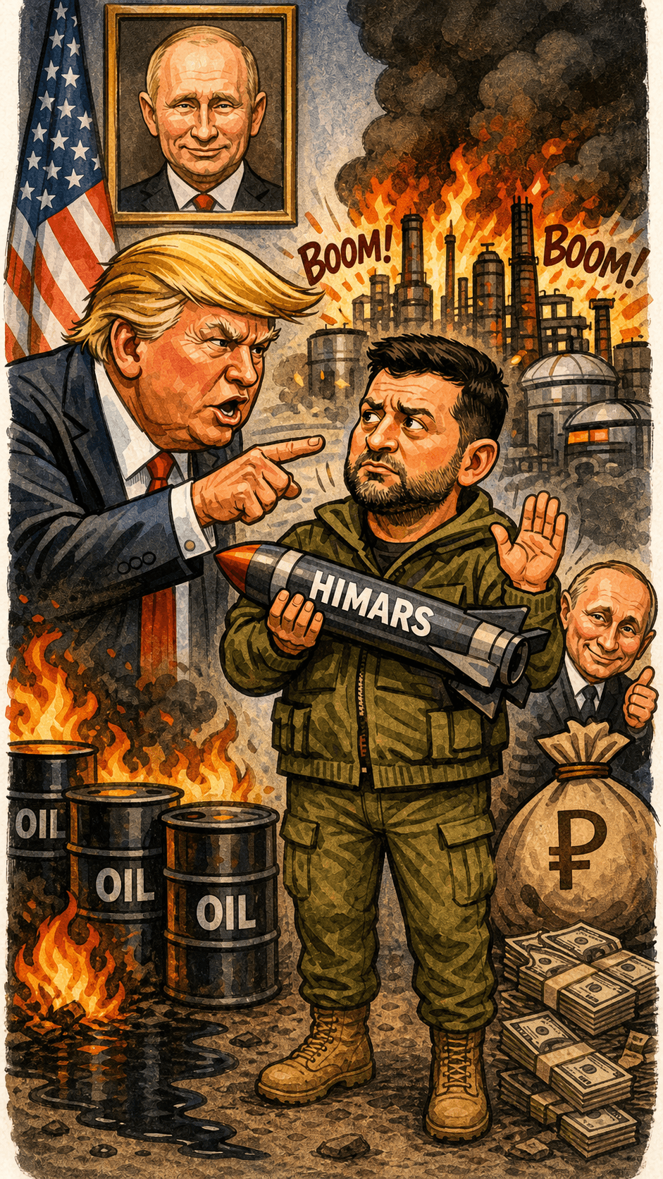 Political cartoon: Trump Urges Zelensky to Halt Russian Refinery Strikes Amid Soaring Global Diesel Prices