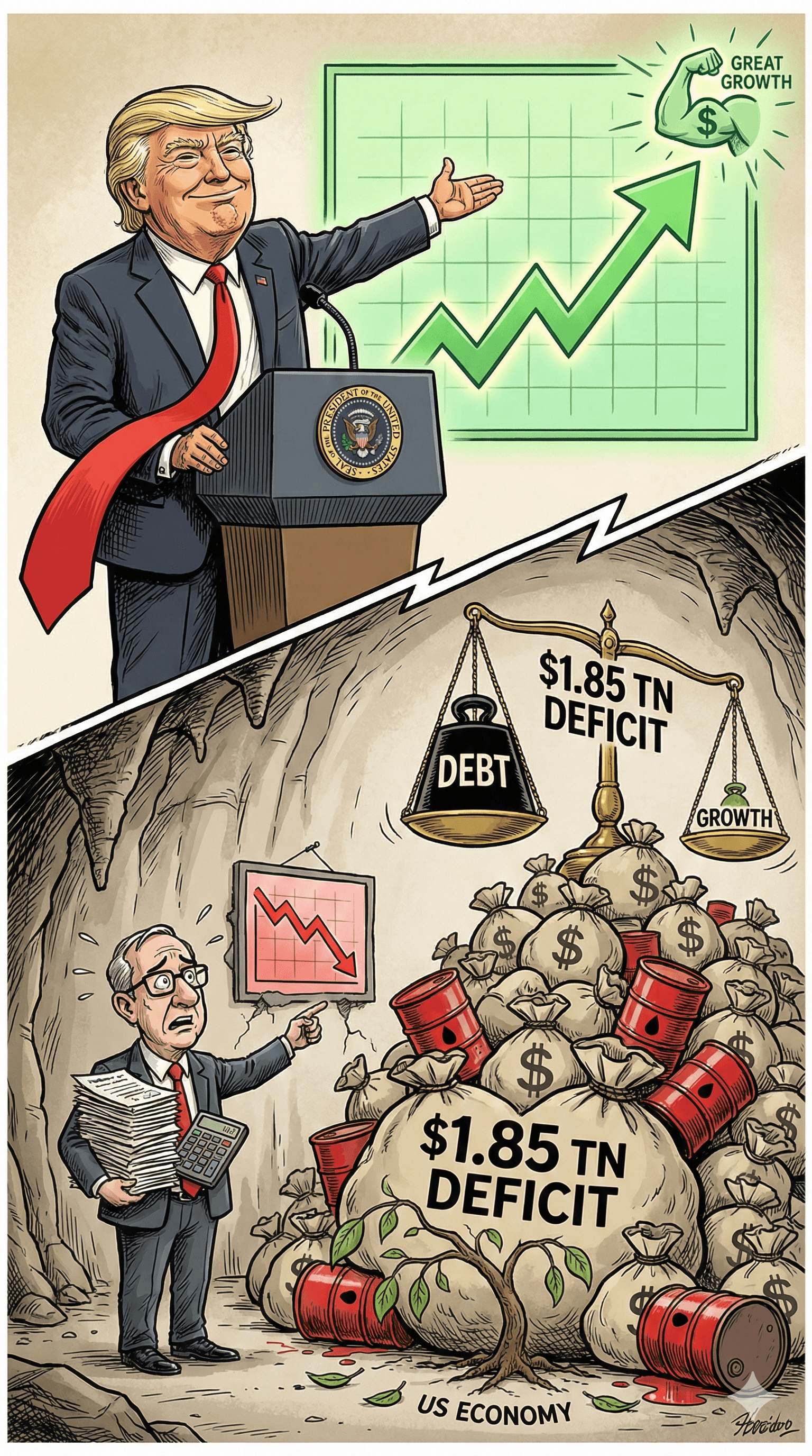 Political cartoon: Trump vs. The Data: CBO Projects $1.85 Trillion Deficit Amid Growth Dispute