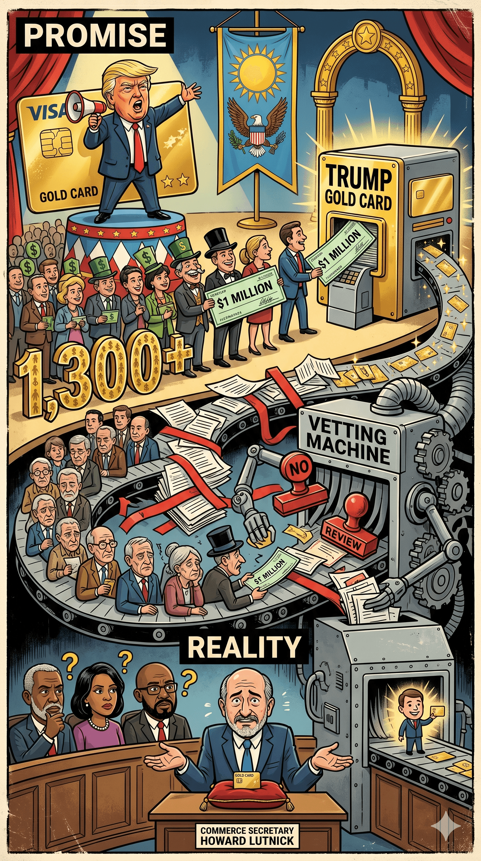 Political cartoon: Trump's $1 Million 'Gold Card' Visa Sees Just One Approval So Far Amid Unmet Revenue Promises