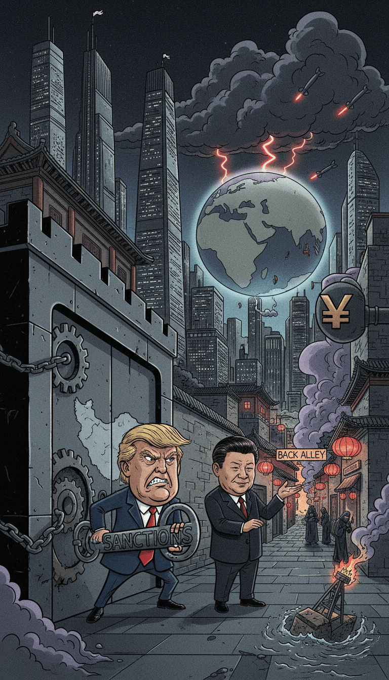 Political cartoon: Trump’s Beijing Summit: Seeking to Lock the Global Door on Iran While Xi Keeps a Back Alley Open
