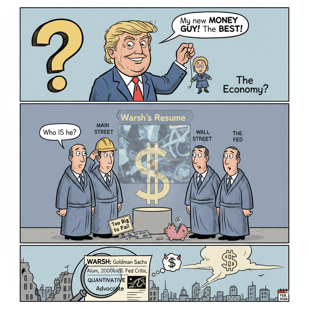 Political cartoon: Trump's Fed Pick: Who is Kevin Warsh and What Does He Mean for the Economy?