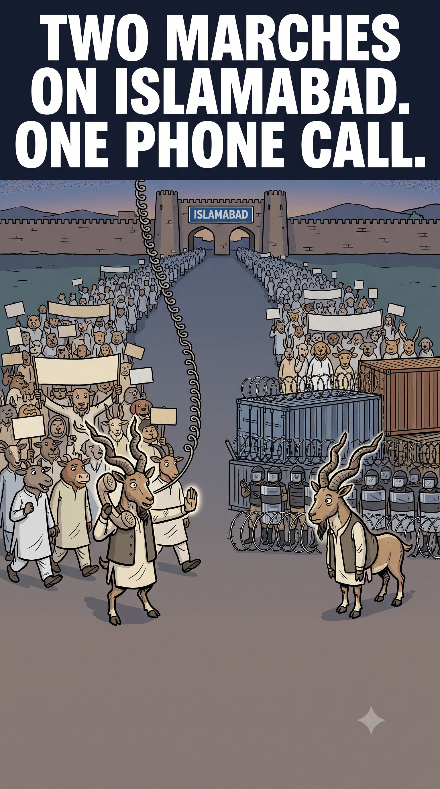 Political cartoon: Two Marches on Islamabad. One Got a Phone Call. The Other Got a Detention Order