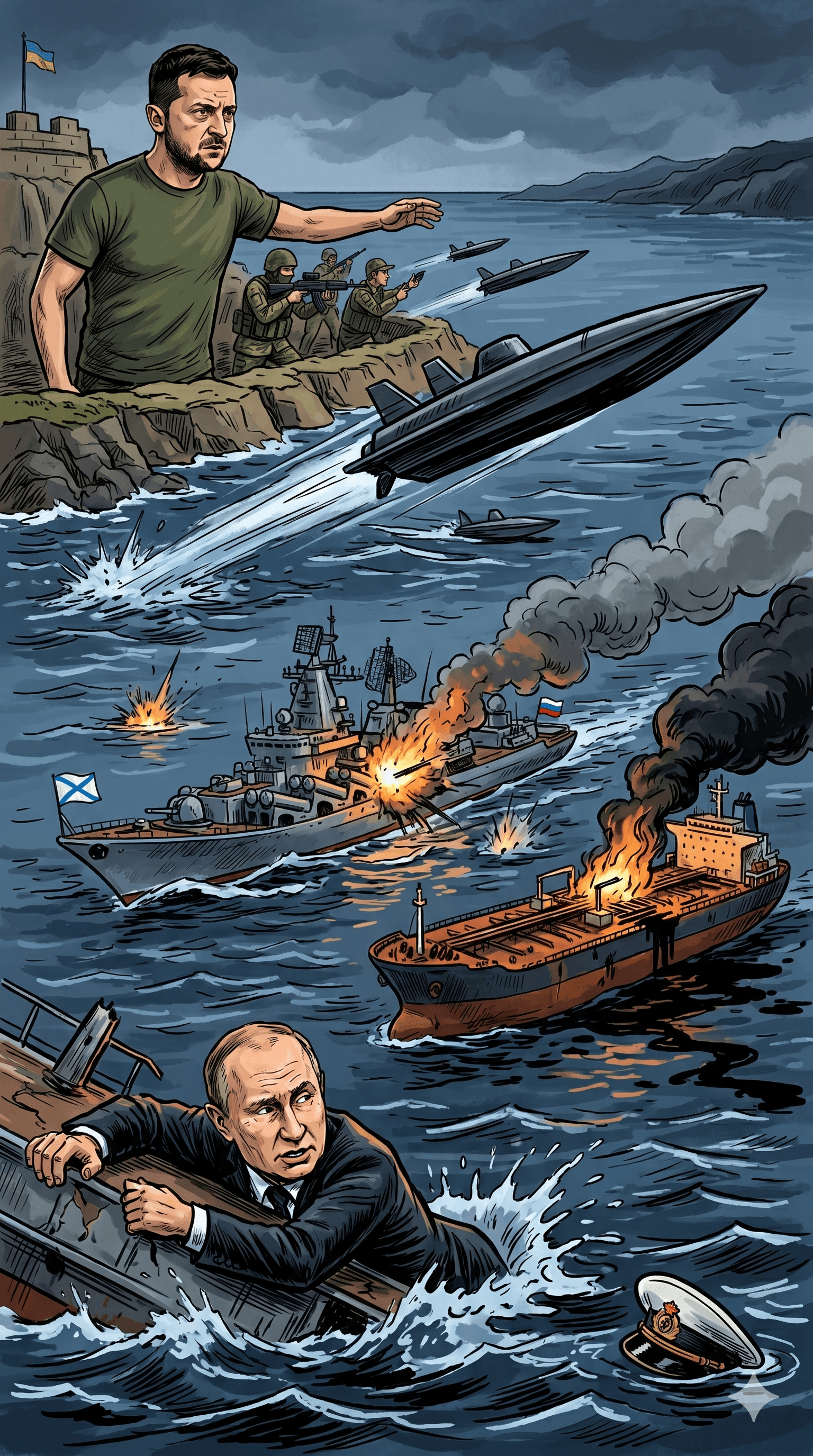 Political cartoon: Ukraine Escalates Maritime Campaign: Hits Russian Ships and Oil Tankers as Drone War Intensifies