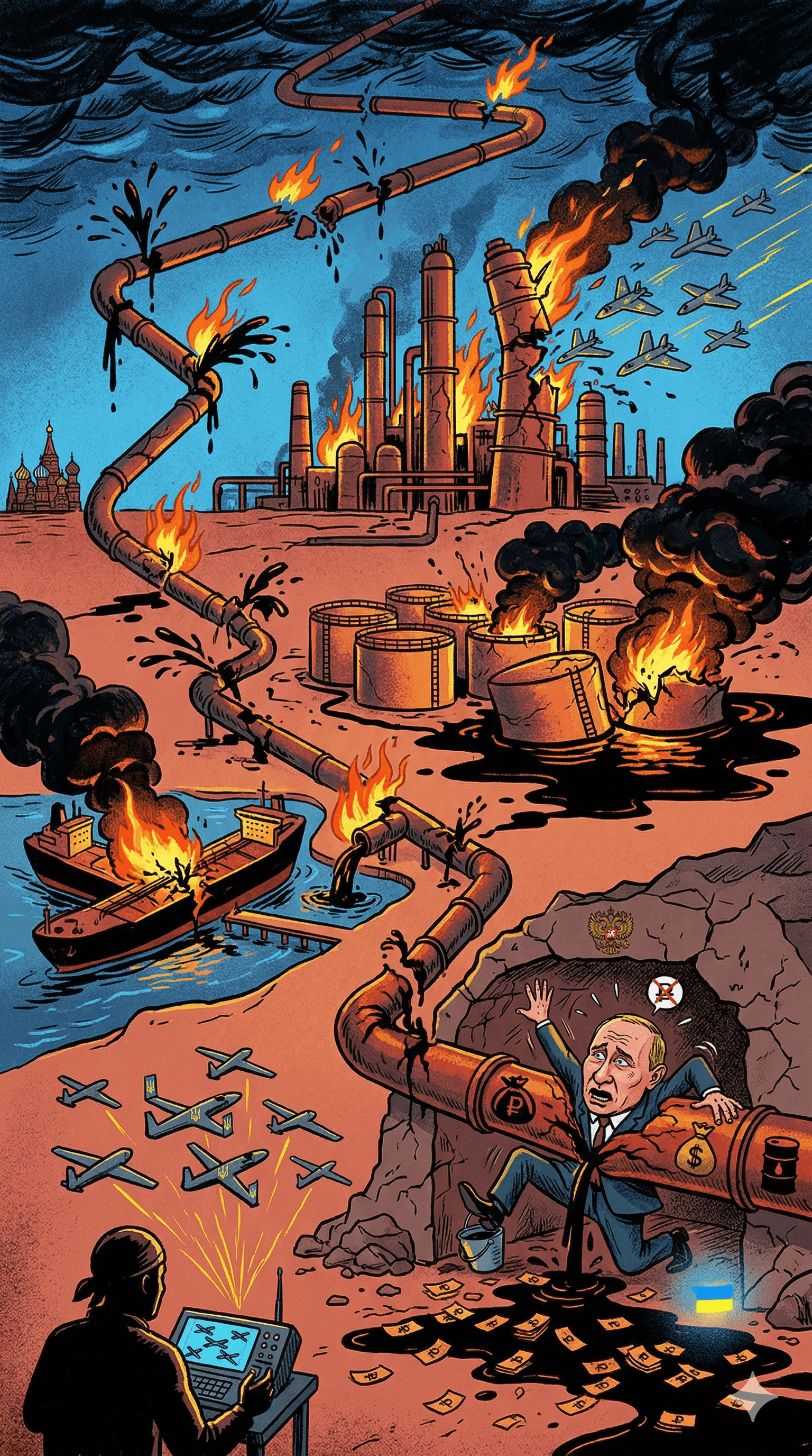 Political cartoon: Ukraine Renews Attacks on Russian Energy Sites: What Has Been Hit and How It Impacts Global Markets
