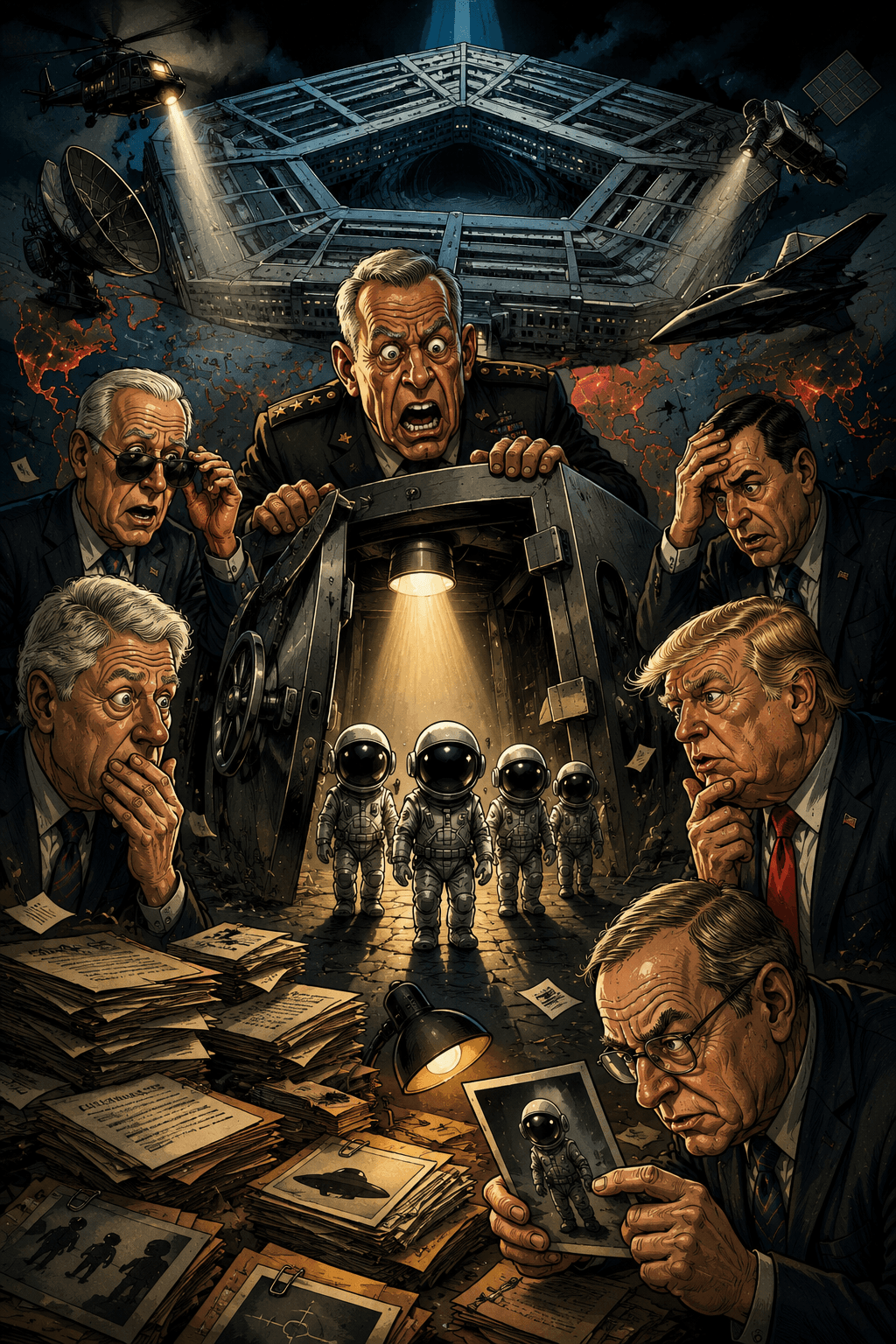 Political cartoon: Unpacking the Pentagon Files: The Truth Behind 1996 UAP Sightings, ‘Four-Foot-Tall’ Crewmen, and Military Space Suits