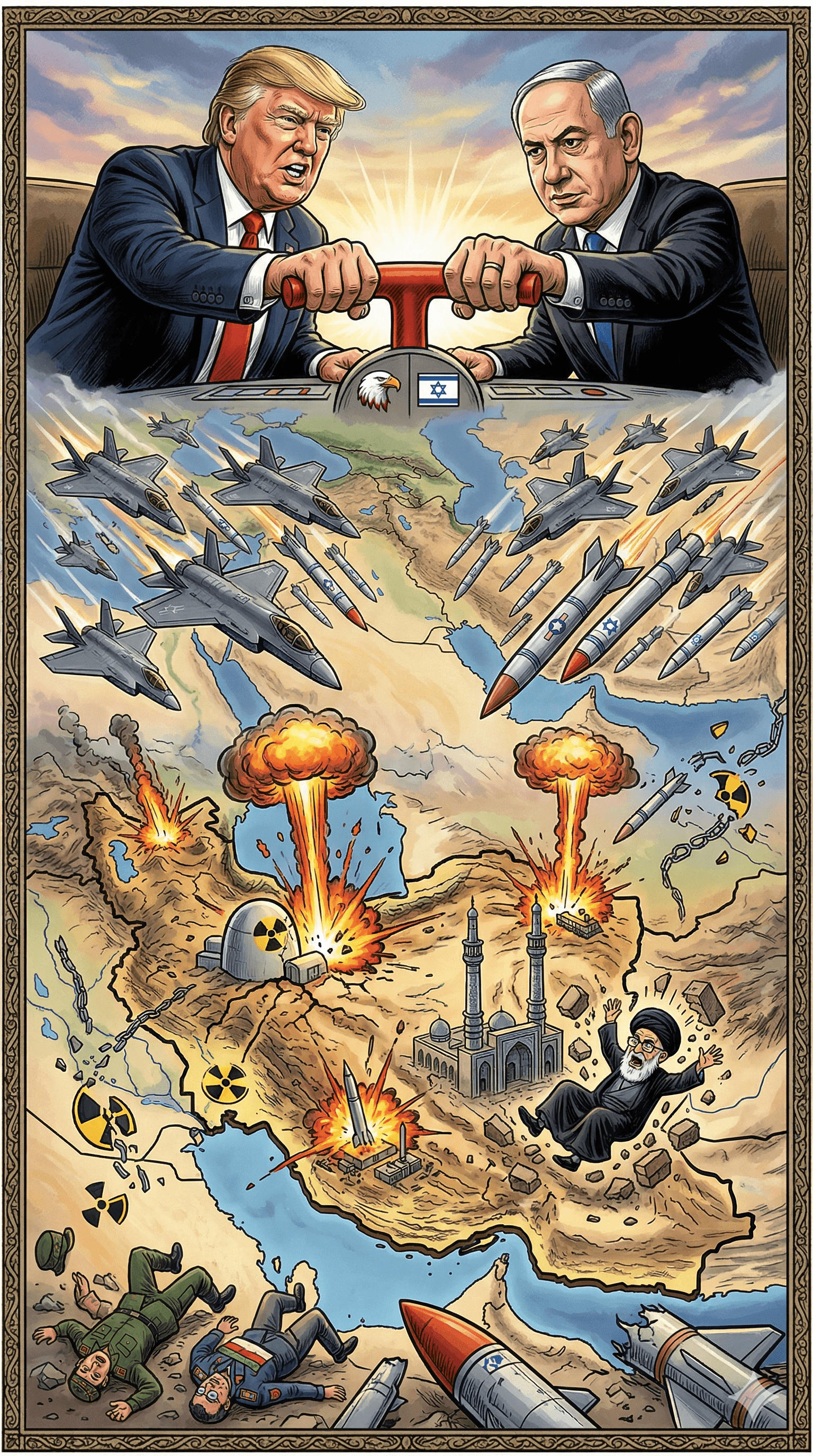 Political cartoon: US and Israel Launch Joint Military Strikes on Iran: Trump Cites 'Imminent Threats' in Major Escalation