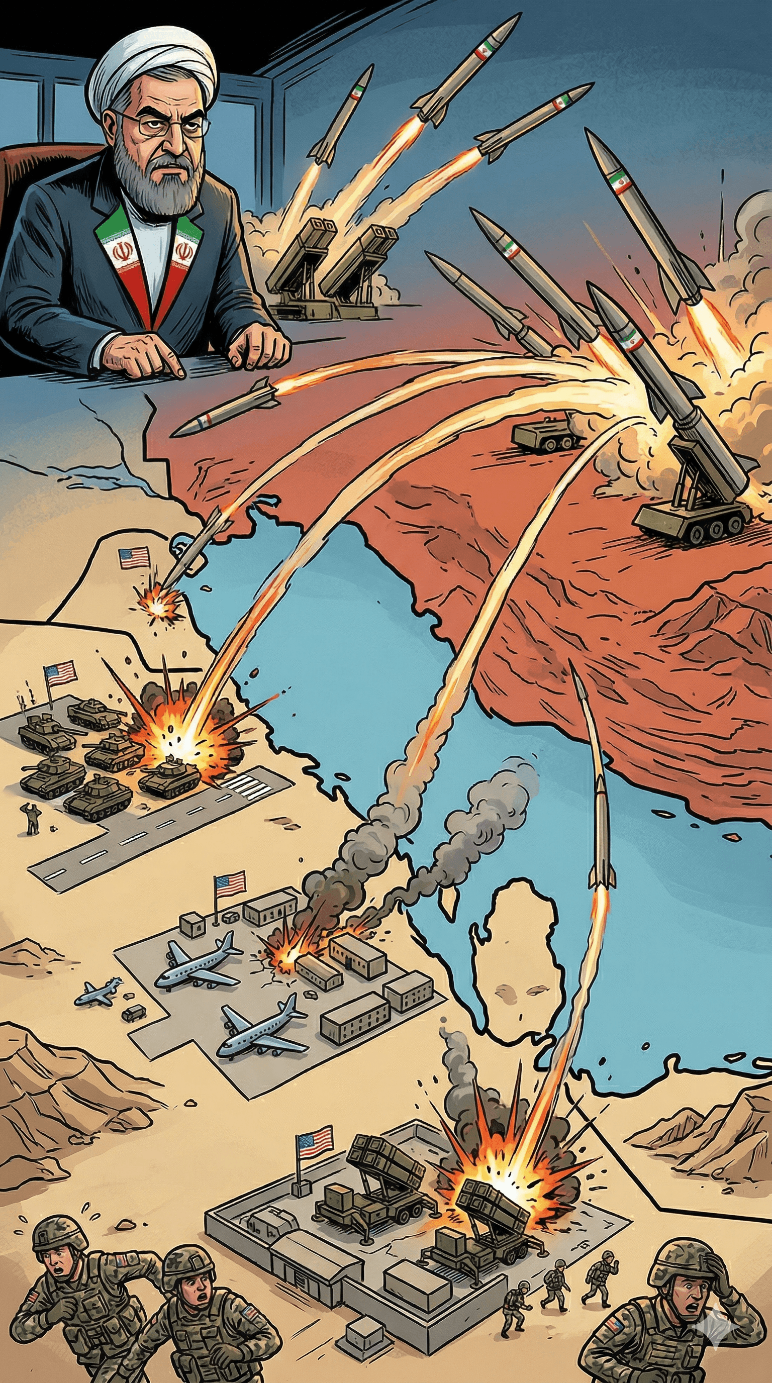 Political cartoon: US Bases in Kuwait, Qatar, and Saudi Arabia Hit in Fresh Tehran Strikes Amid 2026 Middle East Escalation