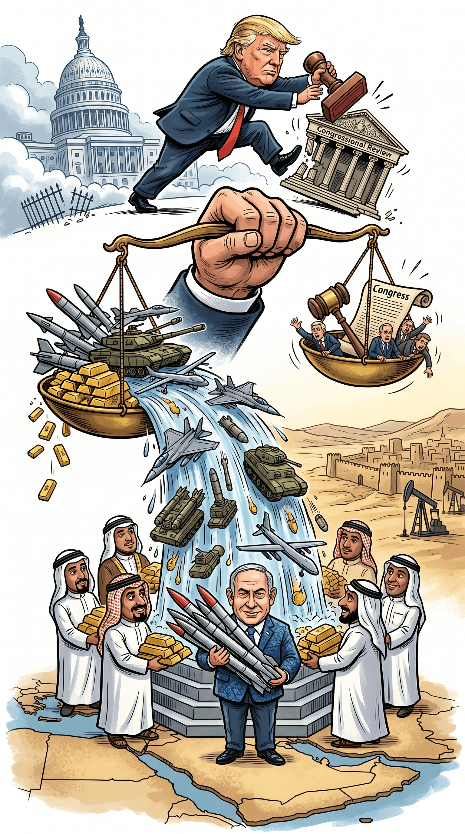 Political cartoon: US Bypasses Congress to Approve $8.6 Billion Arms Sales to Israel and Gulf States Amid Middle East Tensions