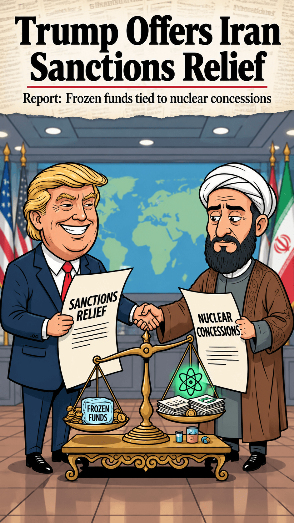 Political cartoon: US Considers Easing Pressures: Trump Offers Iran Sanctions Relief and Frozen Funds Release for Nuclear Concessions