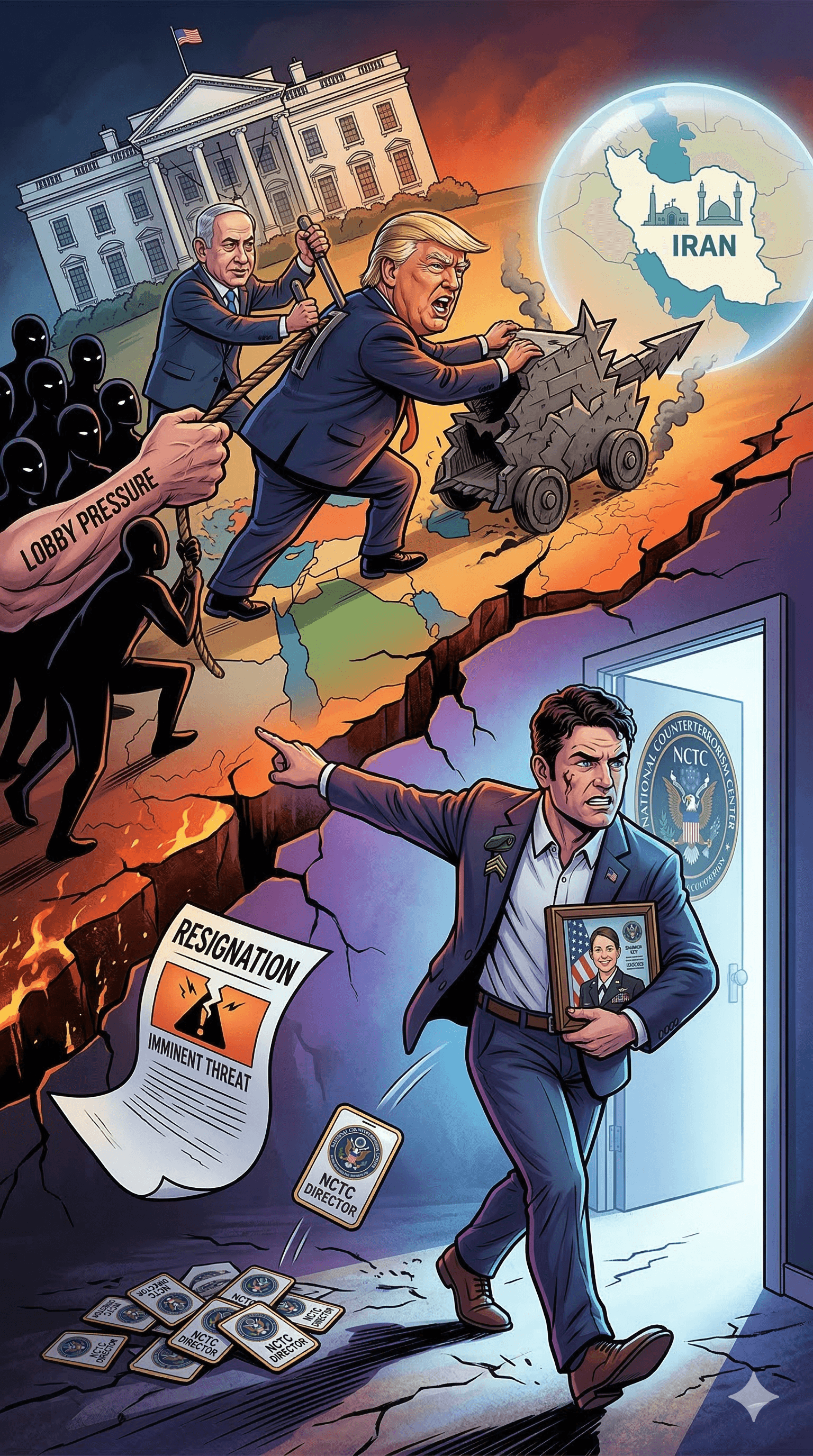 Political cartoon: US Counterterrorism Chief Joe Kent Resigns Over Iran War, Cites "Israel Pressure"