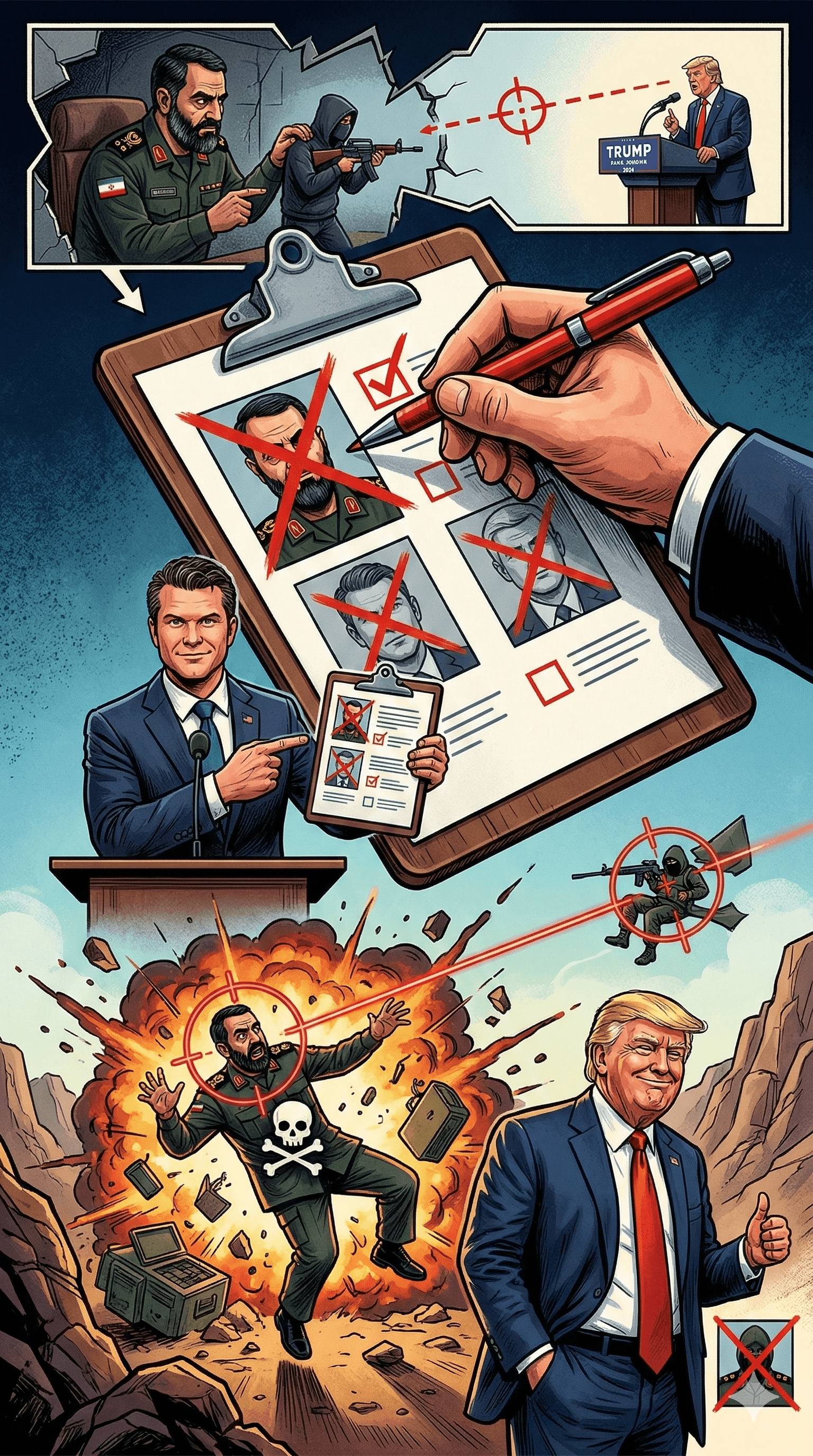 Political cartoon: U.S. Defense Secretary Pete Hegseth Confirms Elimination of Iranian Official Behind Trump Assassination Plot